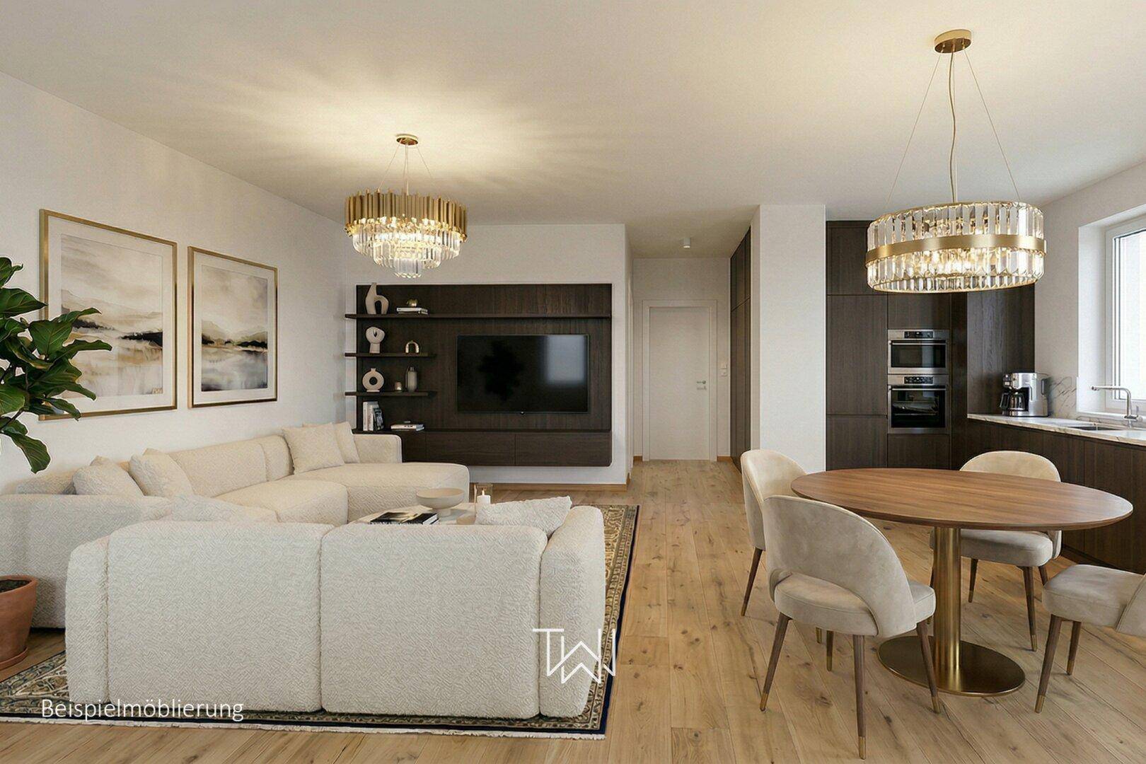 Moderner offener Wohn-Essbereich mit integrierter Küche, eleganten Leuchten und Holzboden.