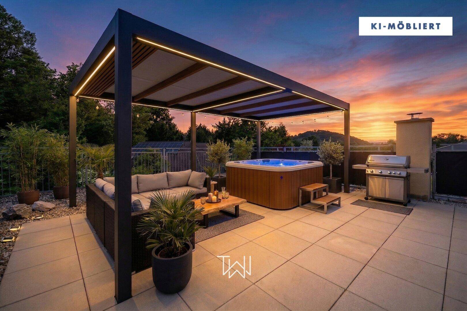 Exklusive Dachterrasse mit Pergola, Whirlpool, Grillbereich und atemberaubendem Sonnenuntergang.