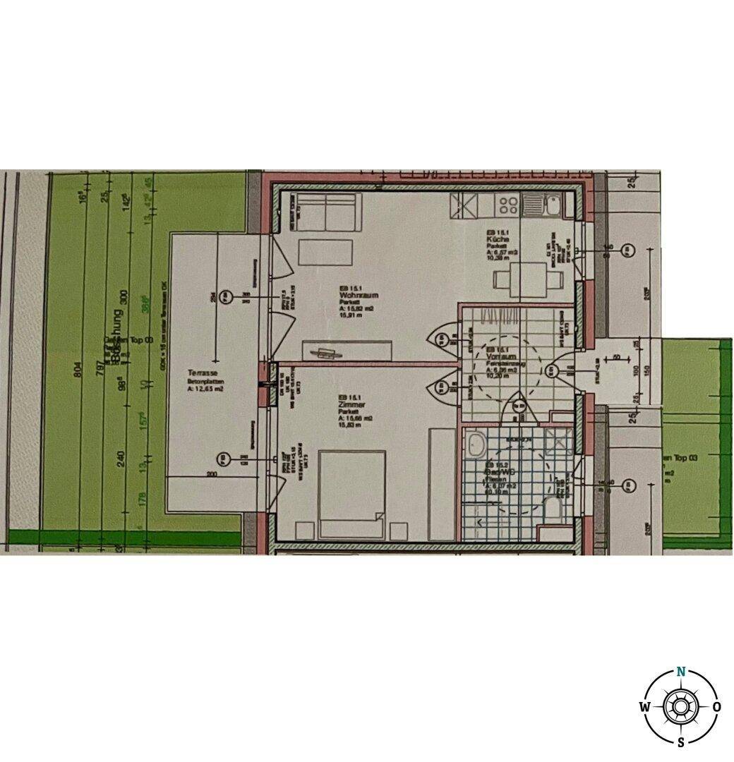 Grundriss einer Wohneinheit mit Wohnraum, Zimmer, Bad und Terrasse.