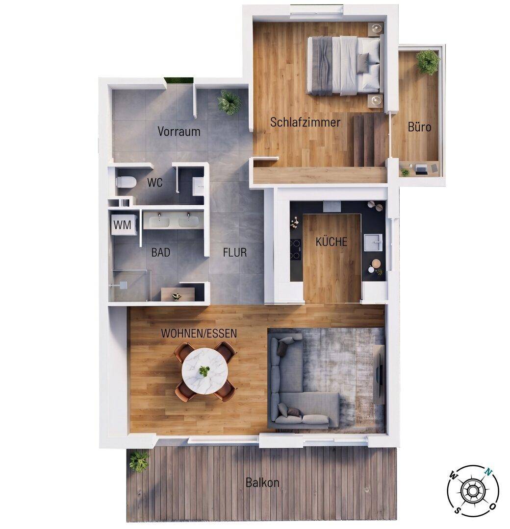Detaillierter 3D-Grundriss der Wohnung mit offenem Wohn-Essbereich und Balkon.