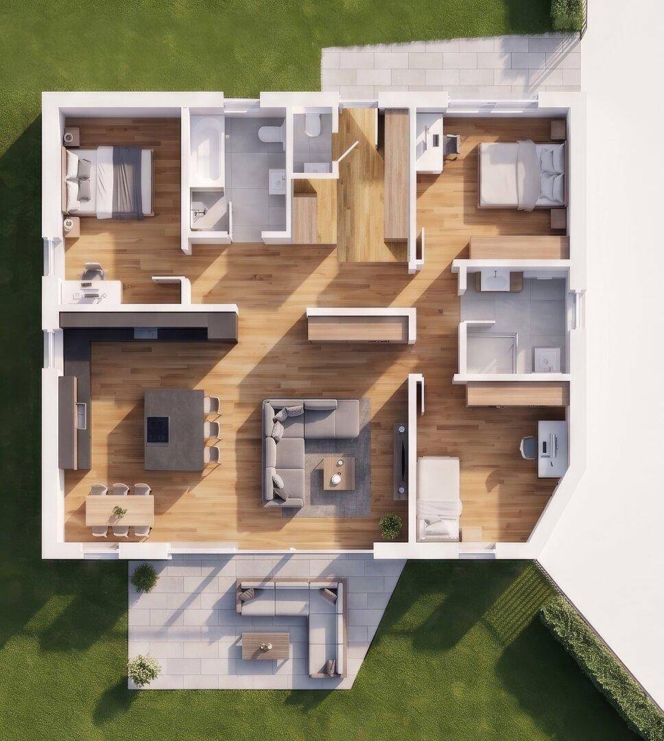 Detaillierter 3D-Grundriss mit moderner Einrichtung, offener Küche, drei Schlafzimmern und Terrasse.