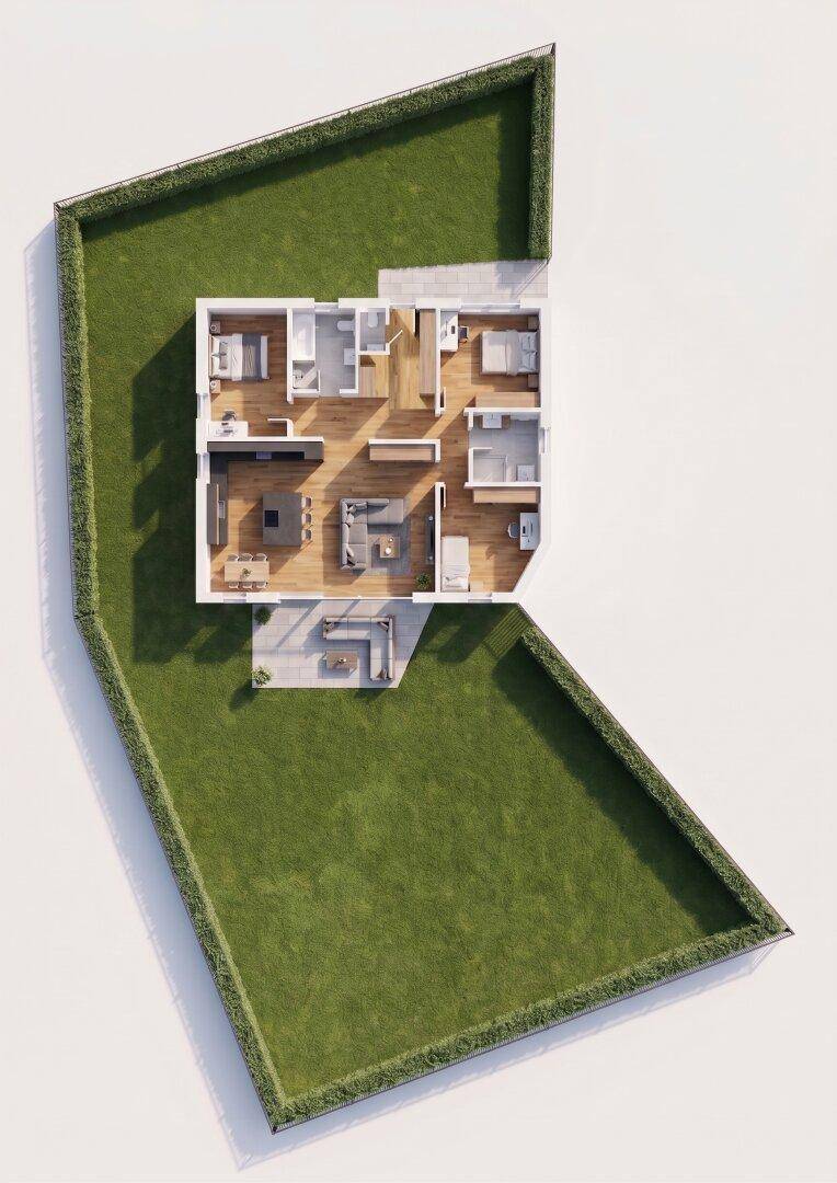 3D-Grundriss eines Hauses mit offenem Wohnbereich, drei Schlafzimmern und großem Garten.