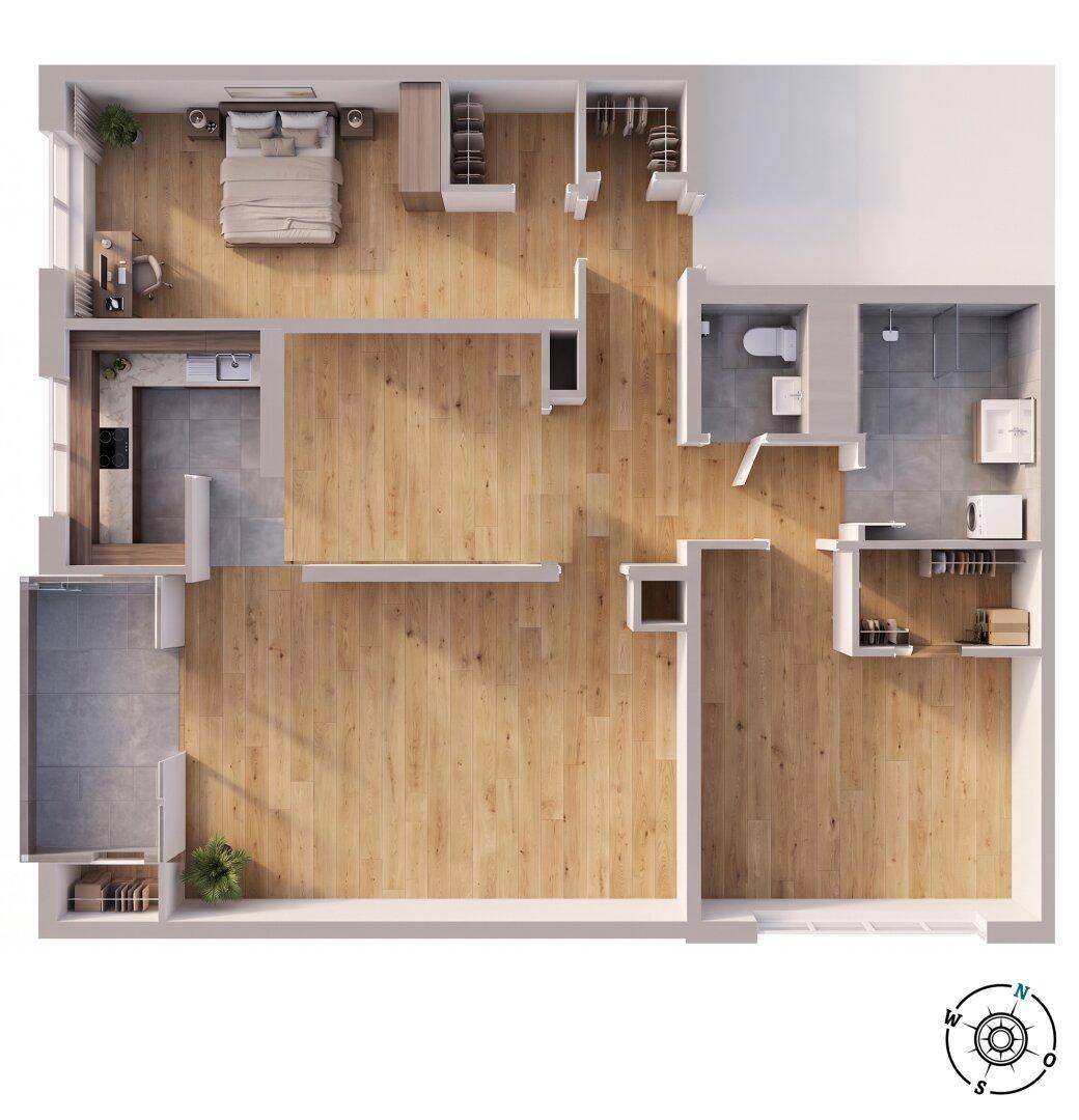Detaillierter Grundriss der Wohnung mit Möblierung und Raumaufteilung.