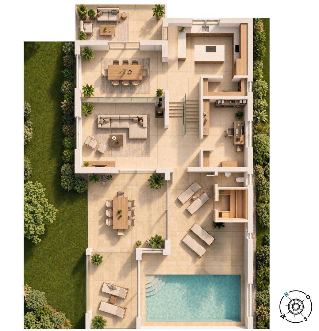 3D-Grundriss des Erdgeschosses mit offenem Wohnbereich, Küche, Sauna und Außenpool.