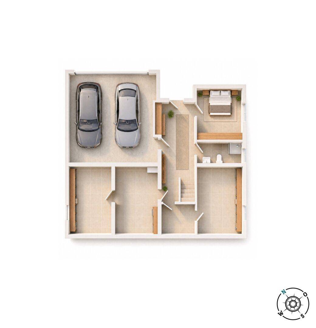 3D-Grundriss des Untergeschosses mit Doppelgarage, Abstellräumen und einem zusätzlichen Schlafzimmer.