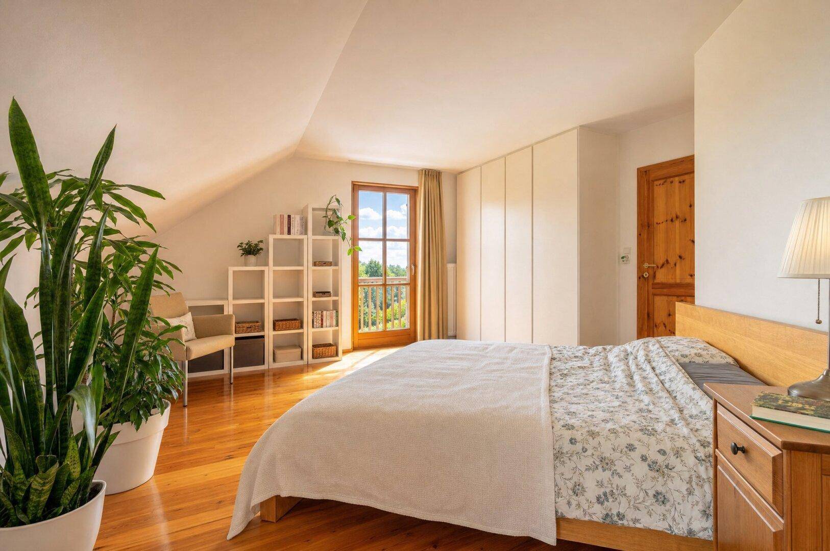 Helles Schlafzimmer im Dachgeschoss mit Holzboden, Einbauschränken und Zugang zu einem kleinen Balkon.