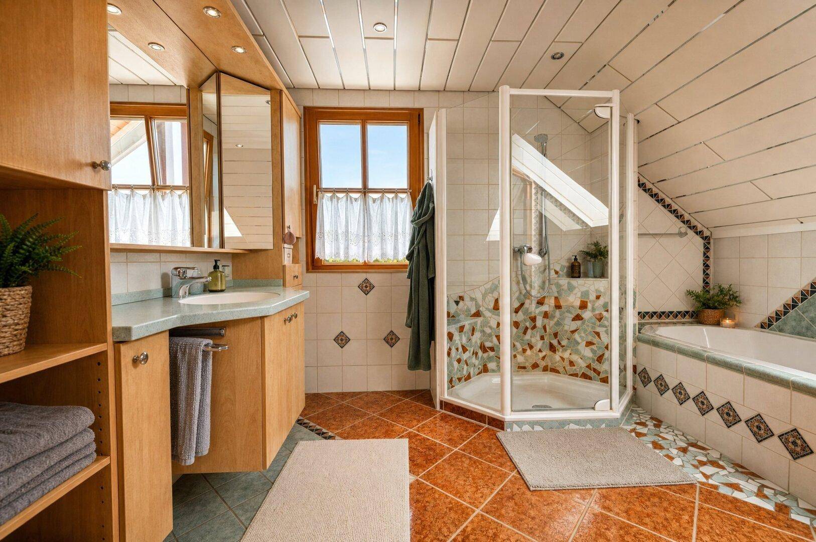 Geräumiges Badezimmer im Dachgeschoss mit Dusche, Badewanne und Holzverkleidung.