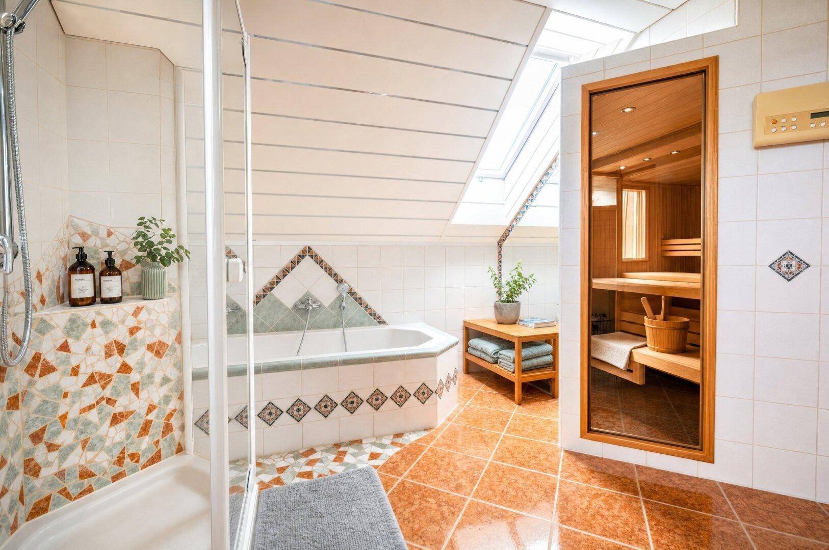 Großes Badezimmer mit Dusche, Badewanne, Sauna und Dachfenster für natürliches Licht.
