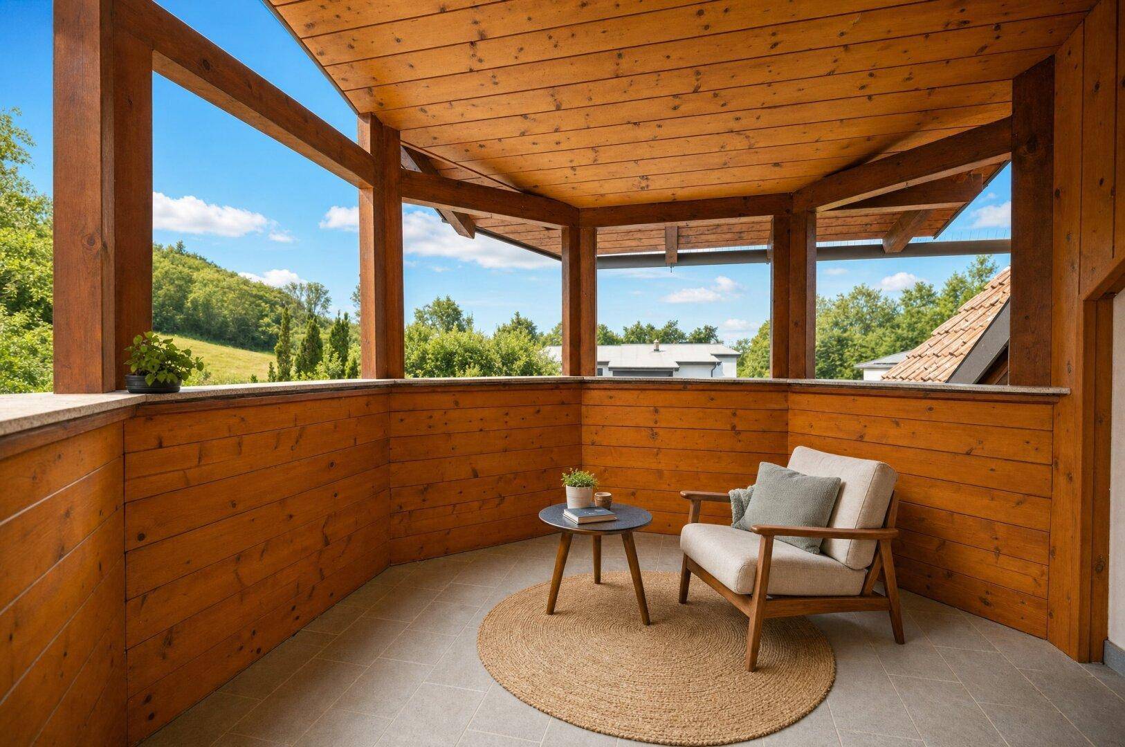 Gemütliche Loggia mit Holzwänden, Sitzgelegenheit und weitem Blick ins Grüne.