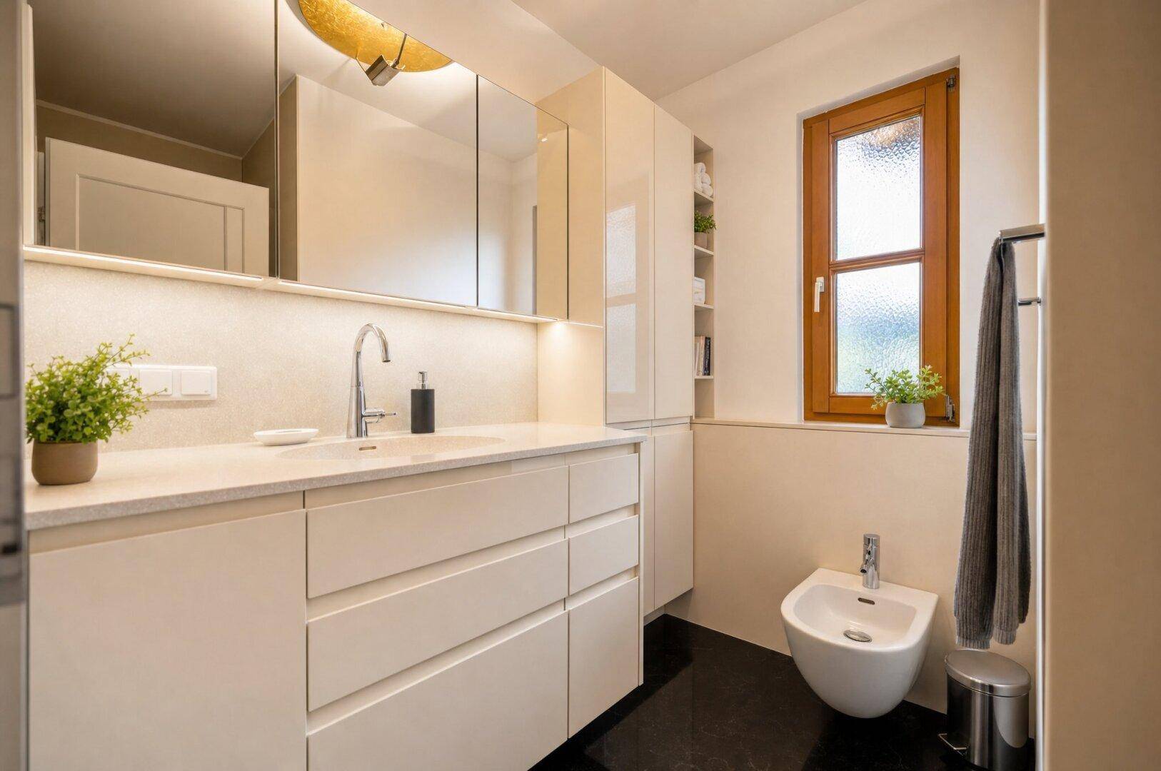 Modernes Badezimmer mit großem Waschtisch, Spiegel und Bidet, beleuchtet durch ein Fenster.