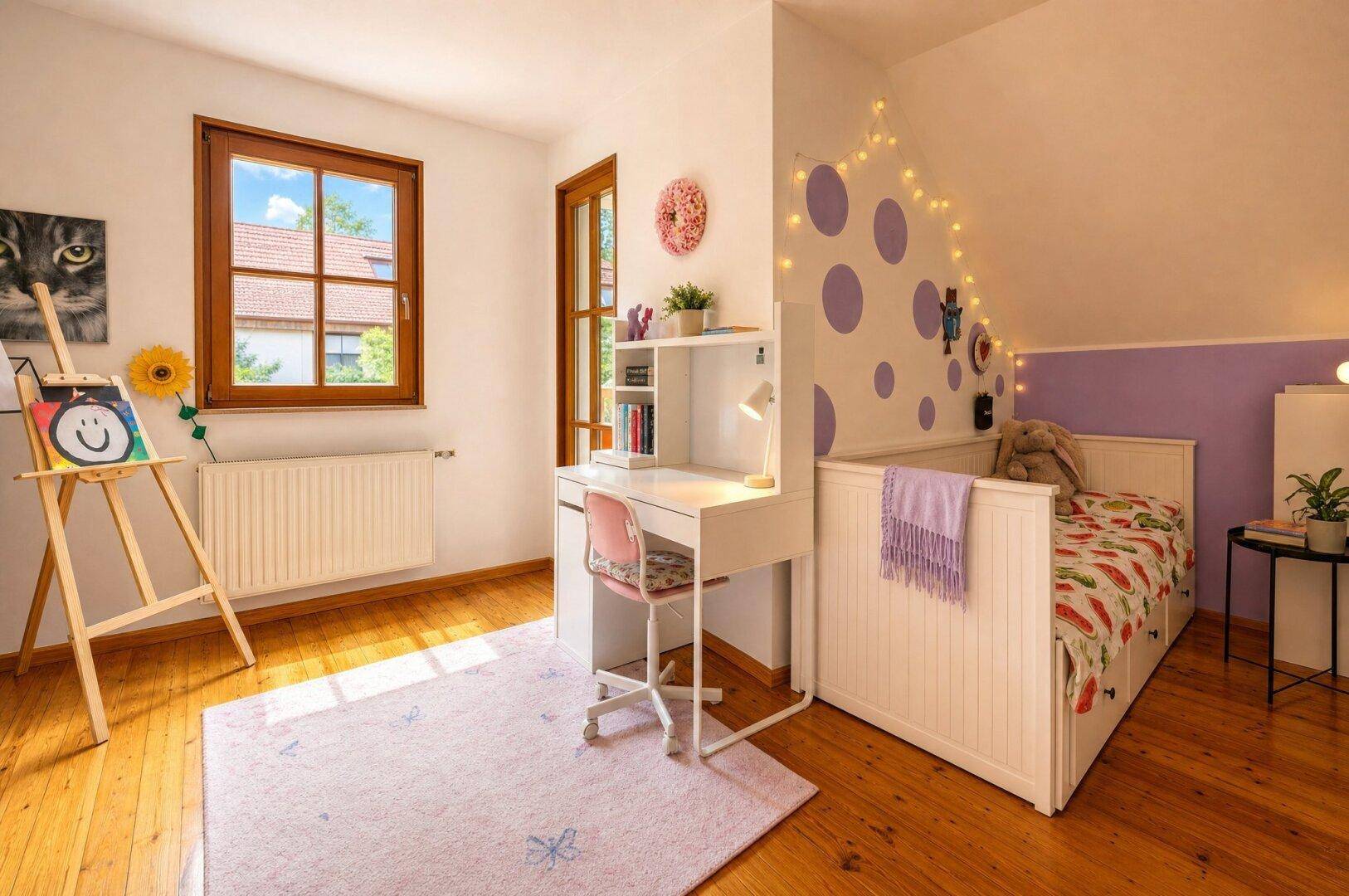 Freundliches Kinderzimmer mit Holzboden, Schreibtisch und verspielter Wanddekoration.