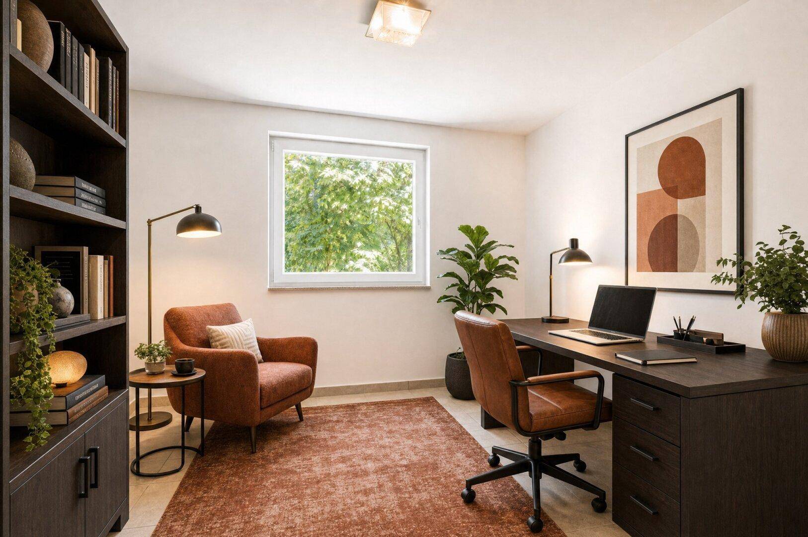 Modernes Arbeitszimmer mit dunklem Schreibtisch, bequemen Ledersessel und Blick auf grüne Bäume.
