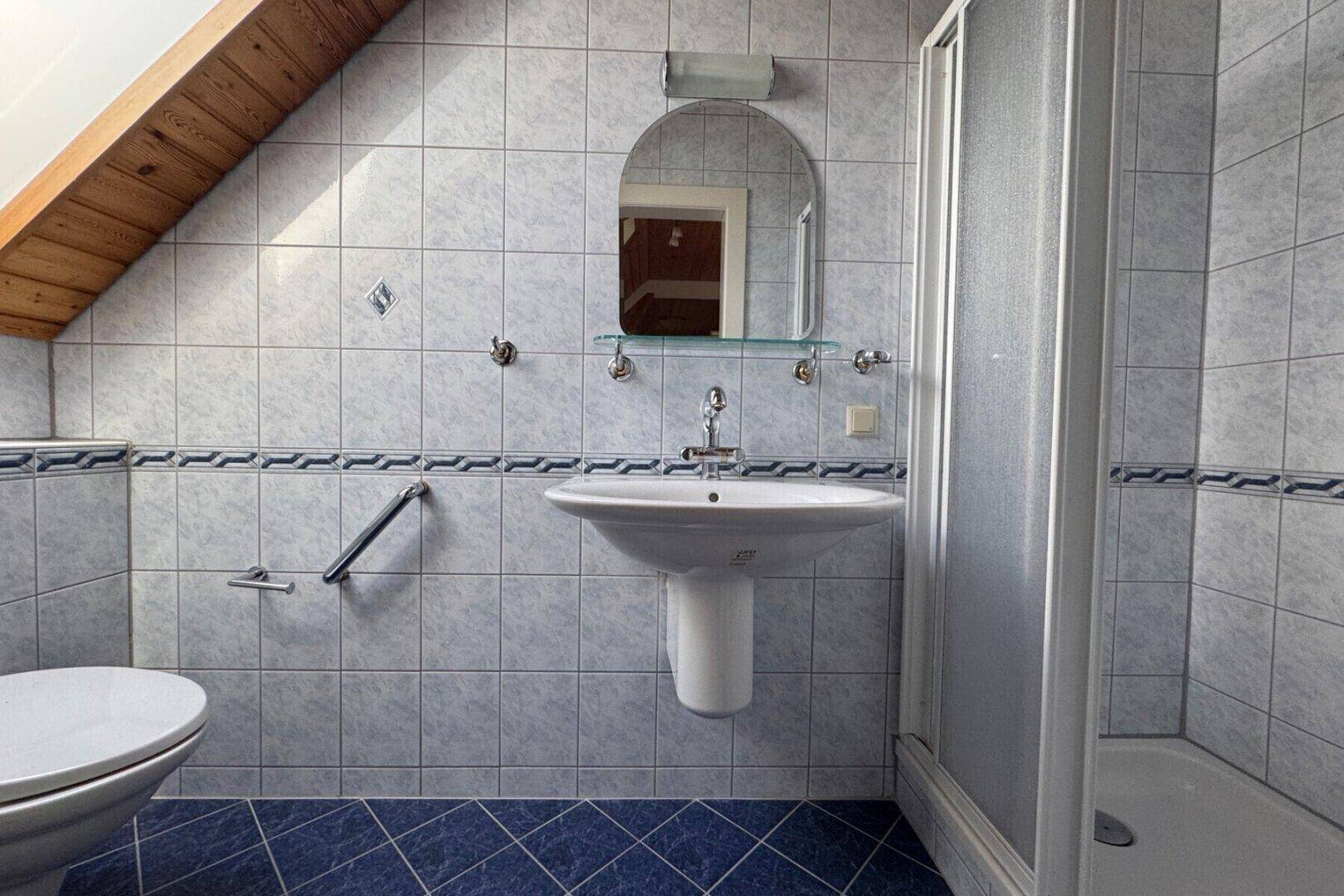 Badezimmer mit blauen Fliesen, Duschkabine, Einzelwaschbecken und Haltegriff.