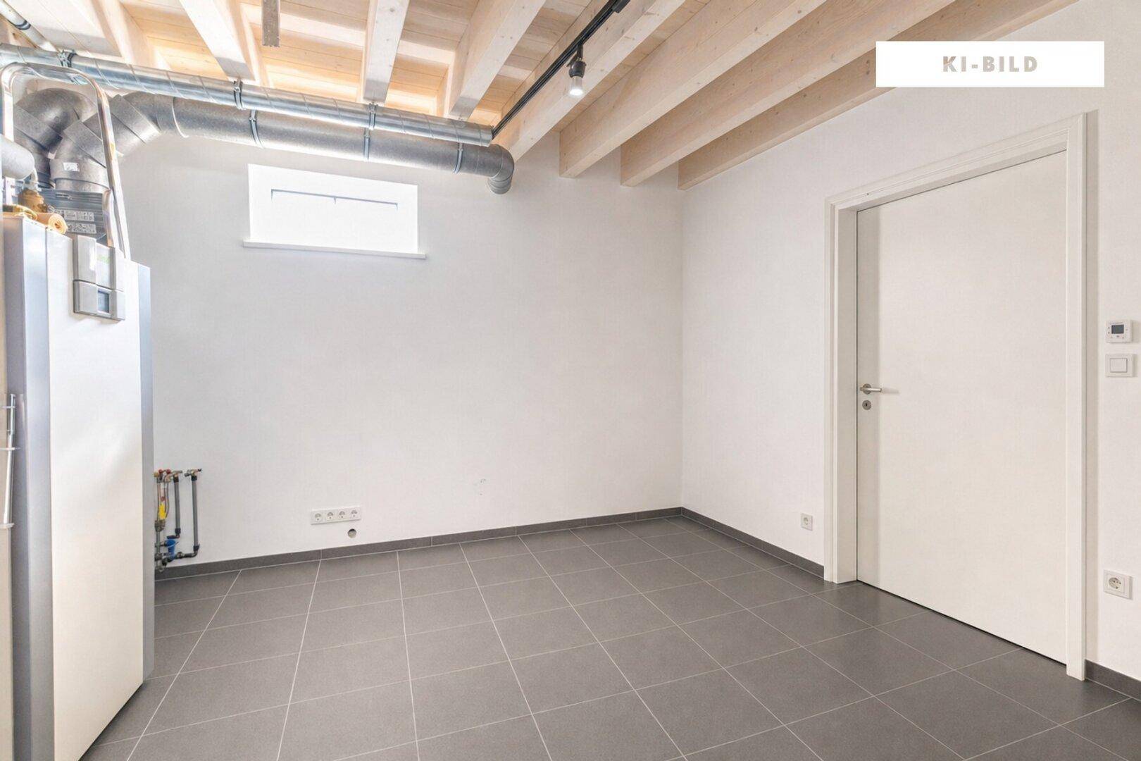 Technikraum mit Heizungsanlage, Fliesenboden und Holzbalkendecke.