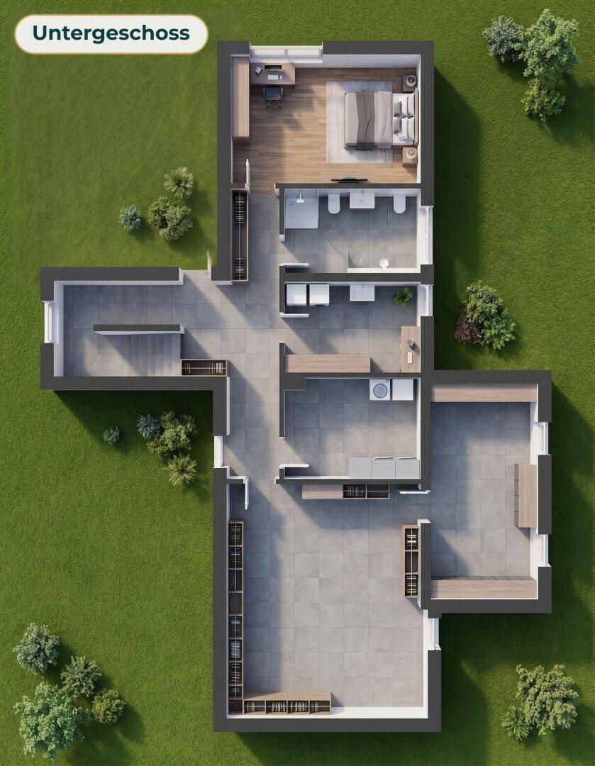 Grundriss des Untergeschosses mit Schlafzimmer, Bädern und großzügigen Abstellflächen.