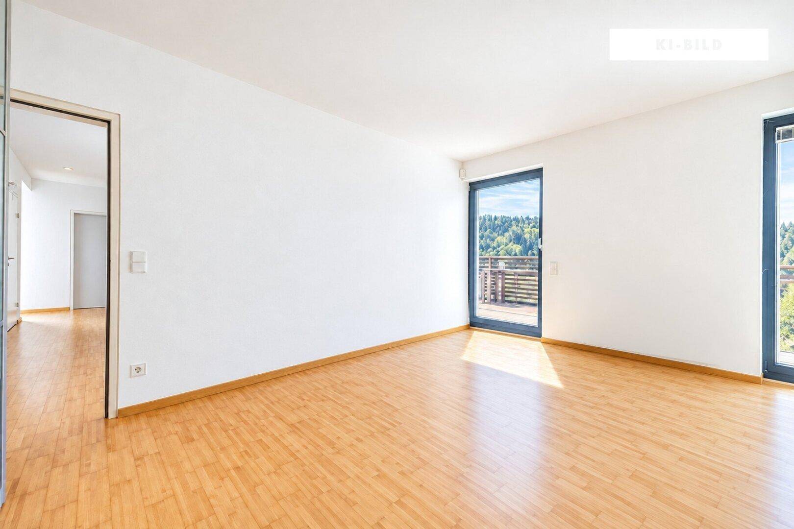 Geräumiger, unmöblierter Raum mit Holzboden und Balkonzugang, verbunden mit einem Flur.