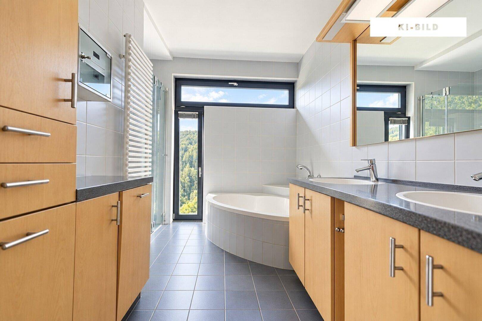 Modernes Badezimmer mit runder Badewanne, Doppelwaschbecken und Fenster mit Waldblick.