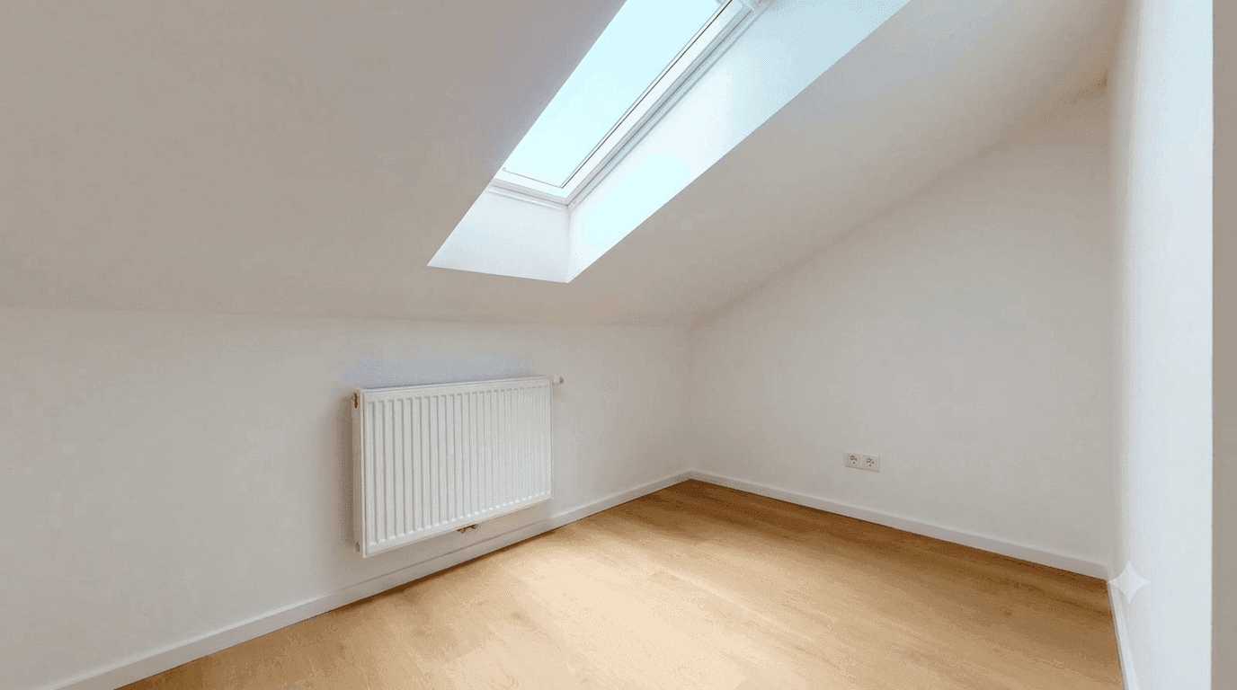 Helles Dachzimmer mit Holzboden und großem Dachfenster, bietet viel Tageslicht.