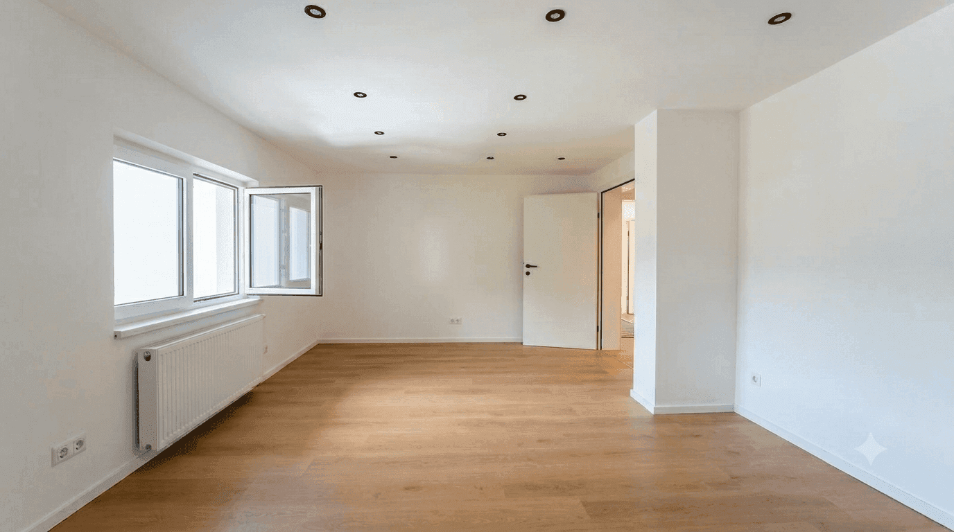 Geräumiges, helles Zimmer mit Holzboden und großen Fenstern, bereit zur individuellen Gestaltung.