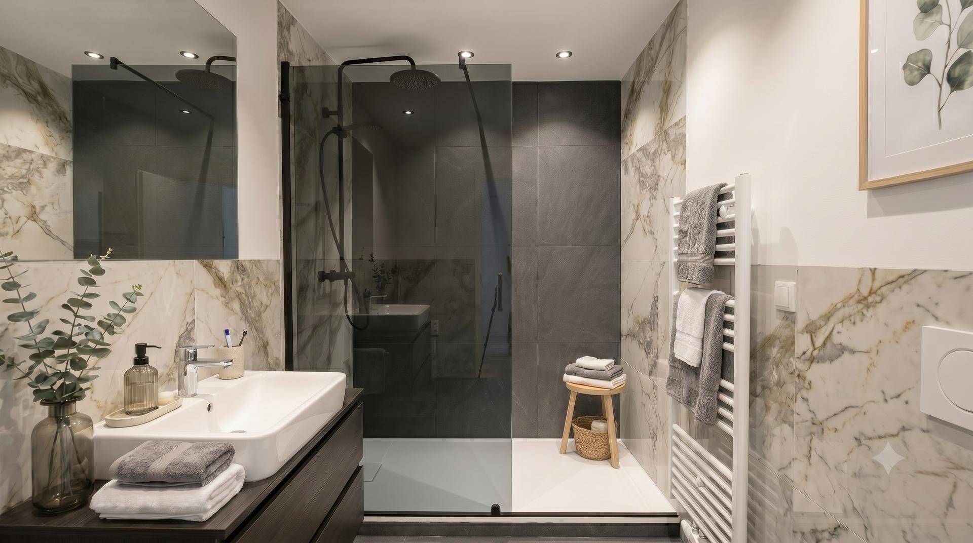 Modernes Badezimmer mit begehbarer Dusche, Marmorfliesen und beheiztem Handtuchhalter.