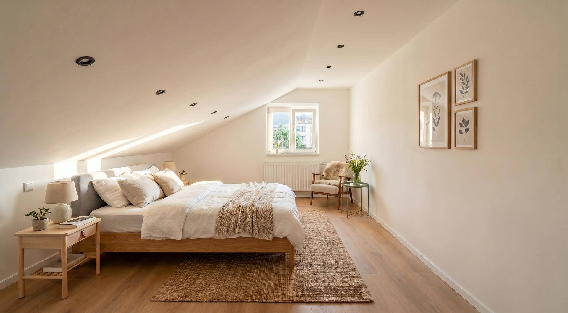 Helles Schlafzimmer im Dachgeschoss mit Holzbett, Fenster und schräger Decke, gemütlich eingerichtet.
