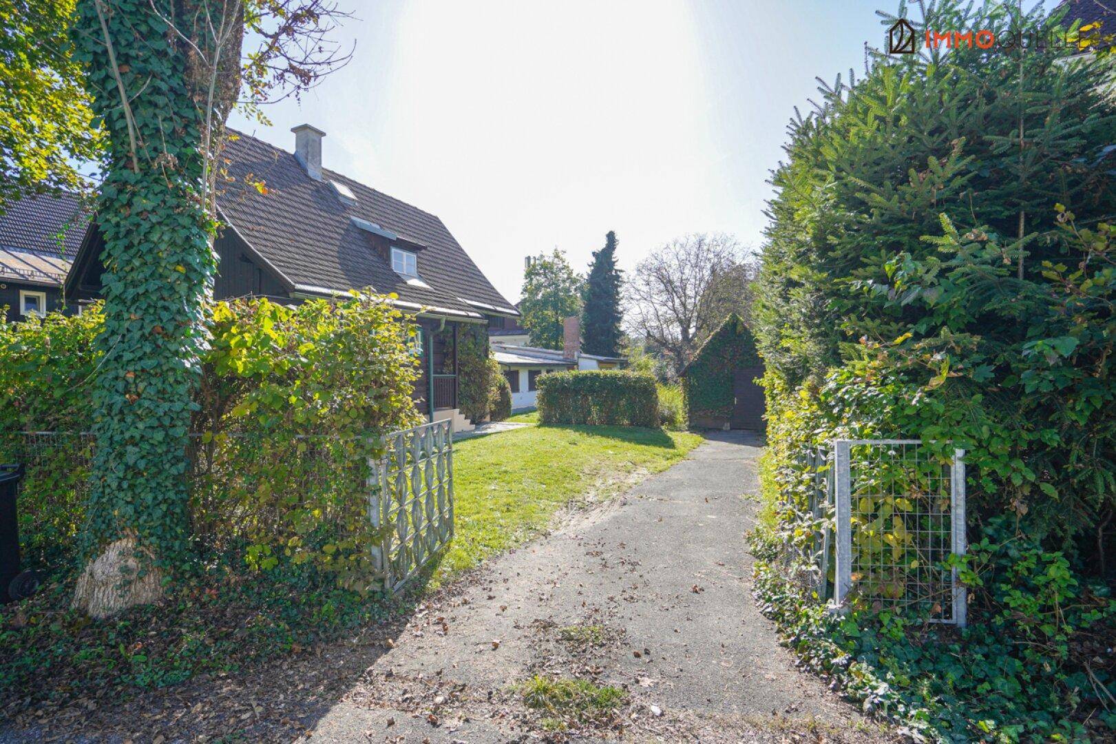 Zufahrt zum Grundstück, umgeben von hohen Hecken und Bäumen, mit Blick auf das Haus.