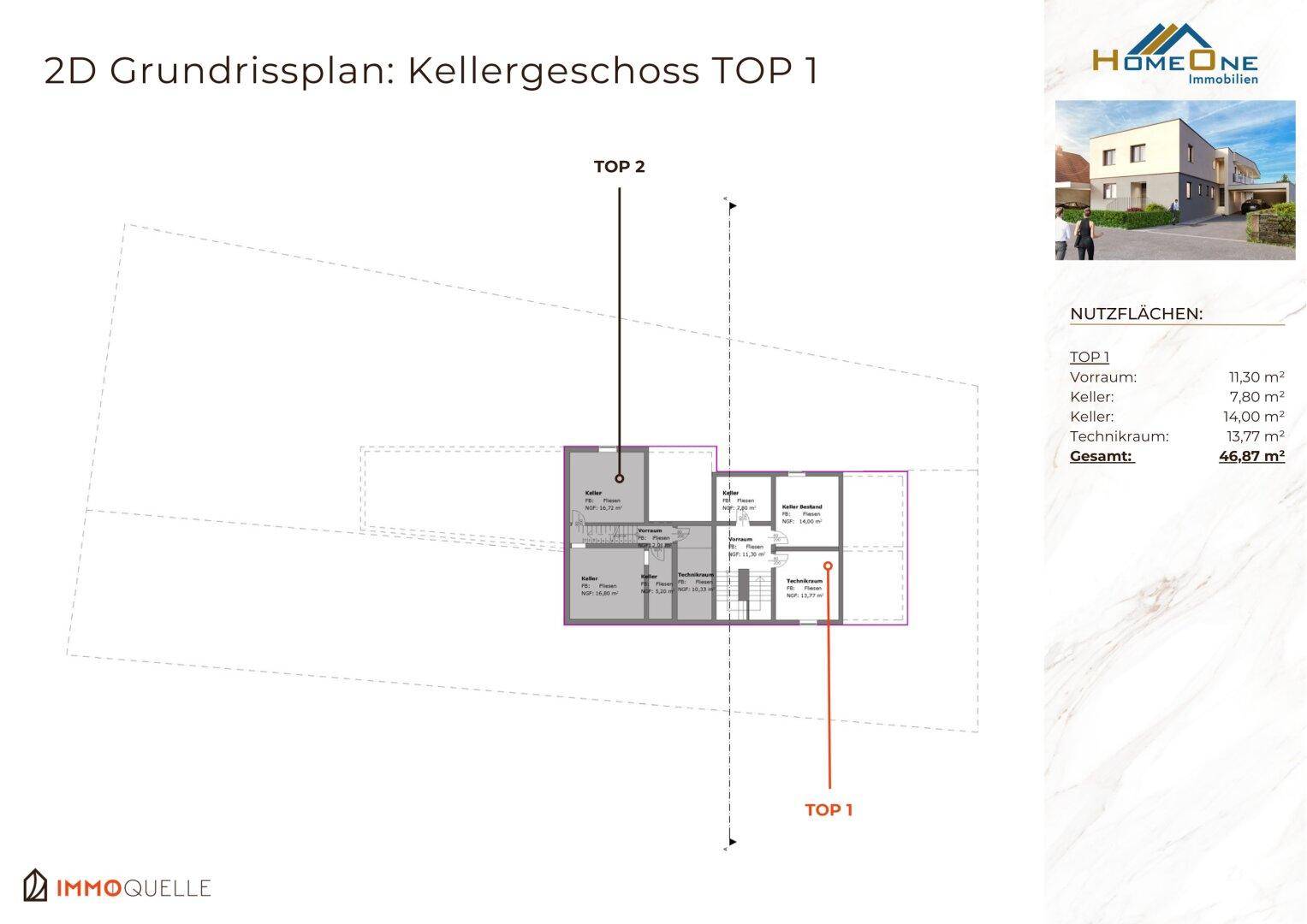 2D-Grundriss des Kellergeschosses für TOP 1 mit Nutzflächenangaben.