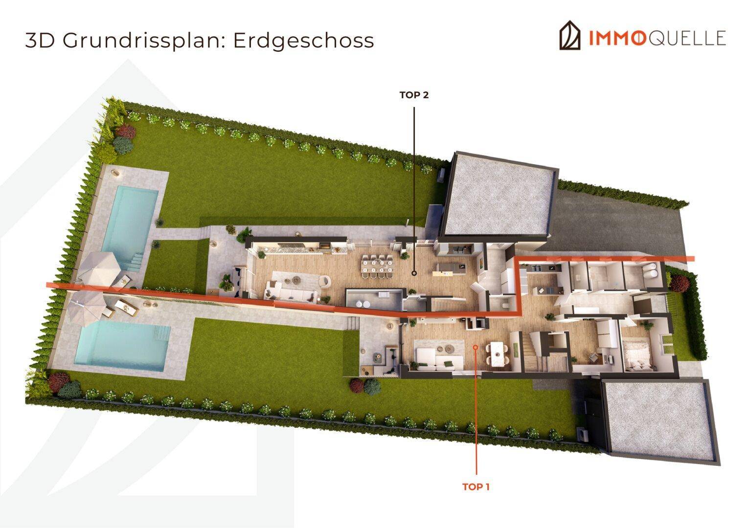 3D-Grundriss des Erdgeschosses mit offenem Wohnbereich, Küche und Zugang zum Garten.