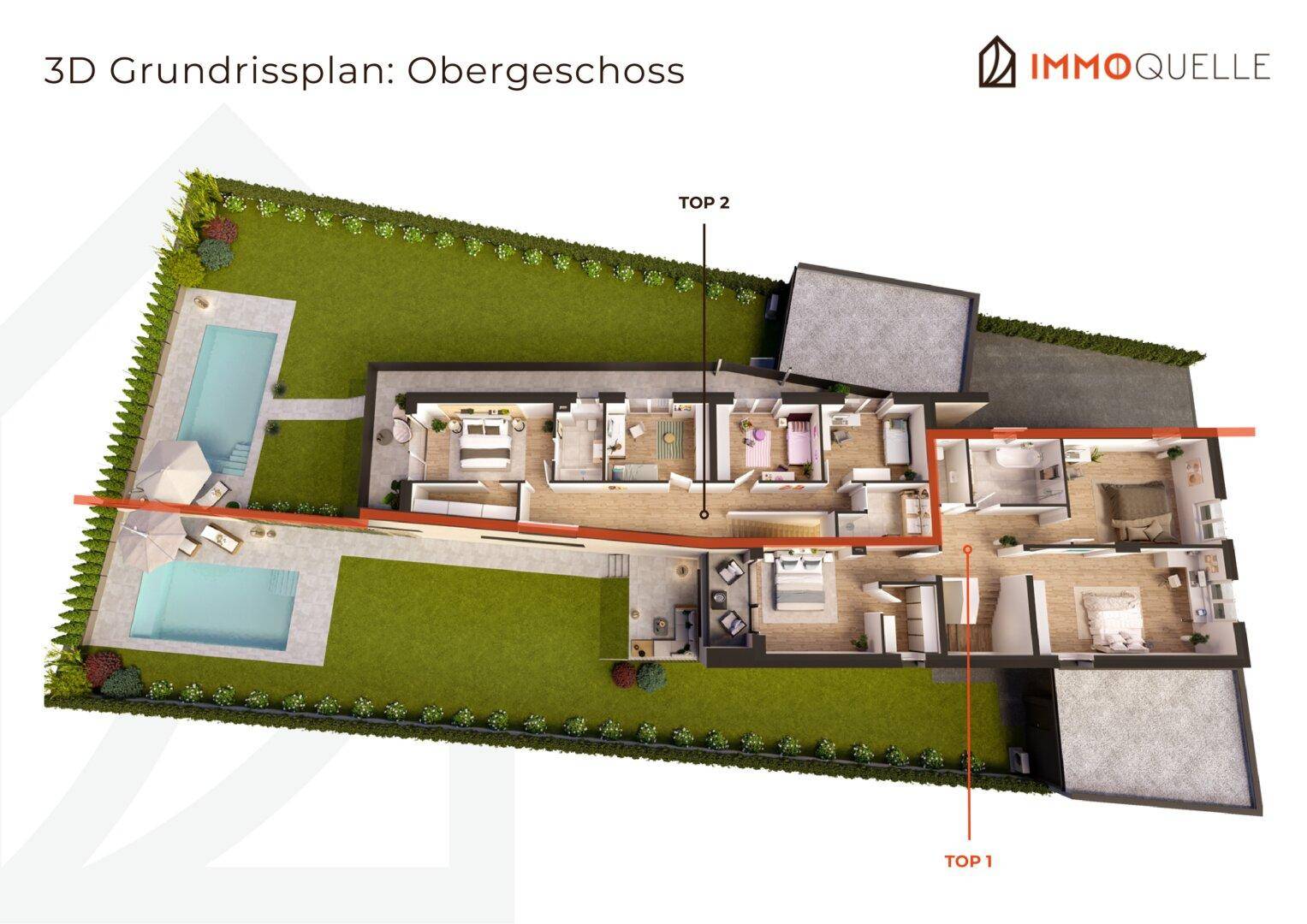 3D-Grundriss des Obergeschosses mit Schlafzimmern, Bädern und Balkonzugang.