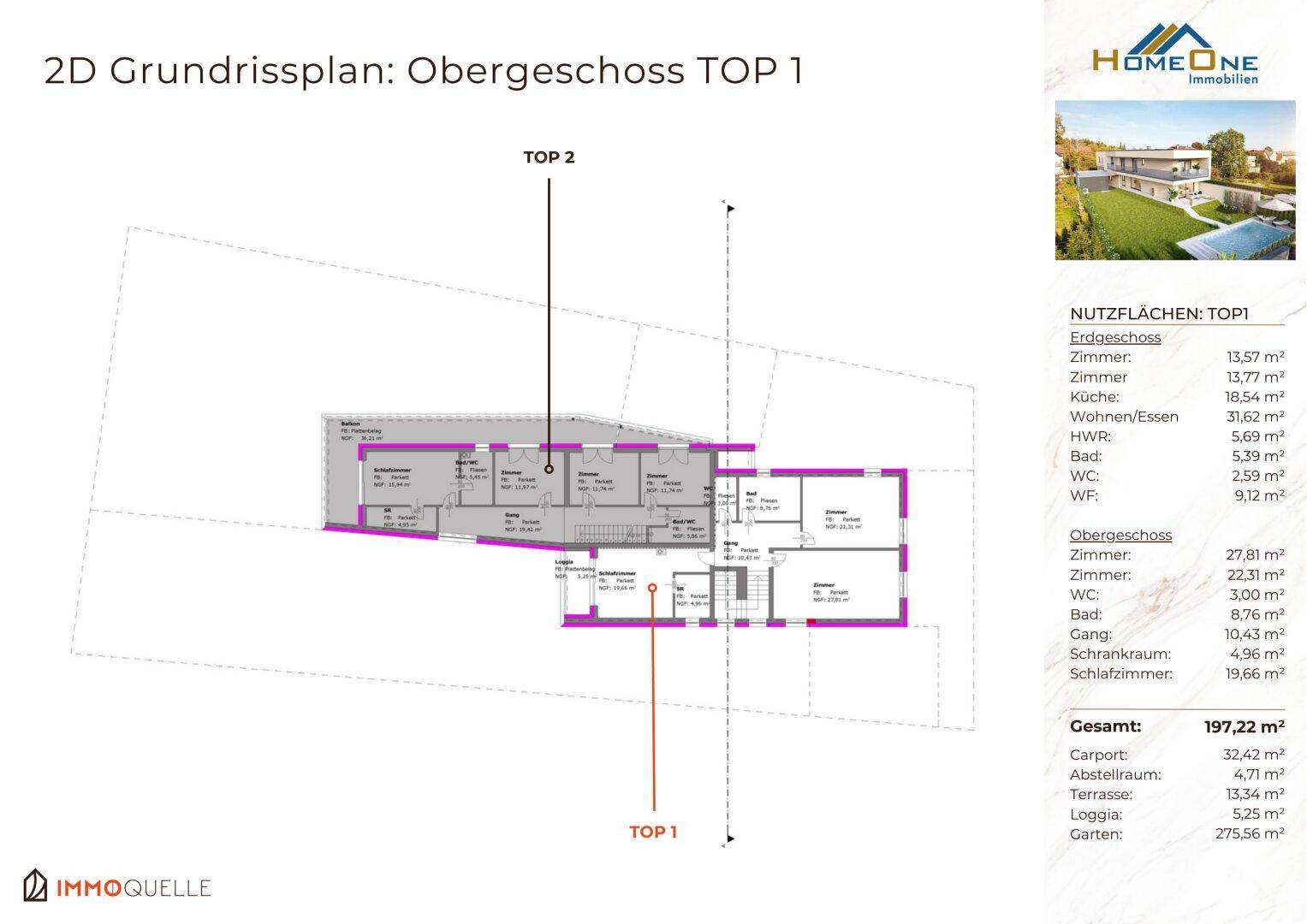 2D-Grundriss des Obergeschosses für TOP 1 mit Schlafzimmern, Bädern und Balkon.