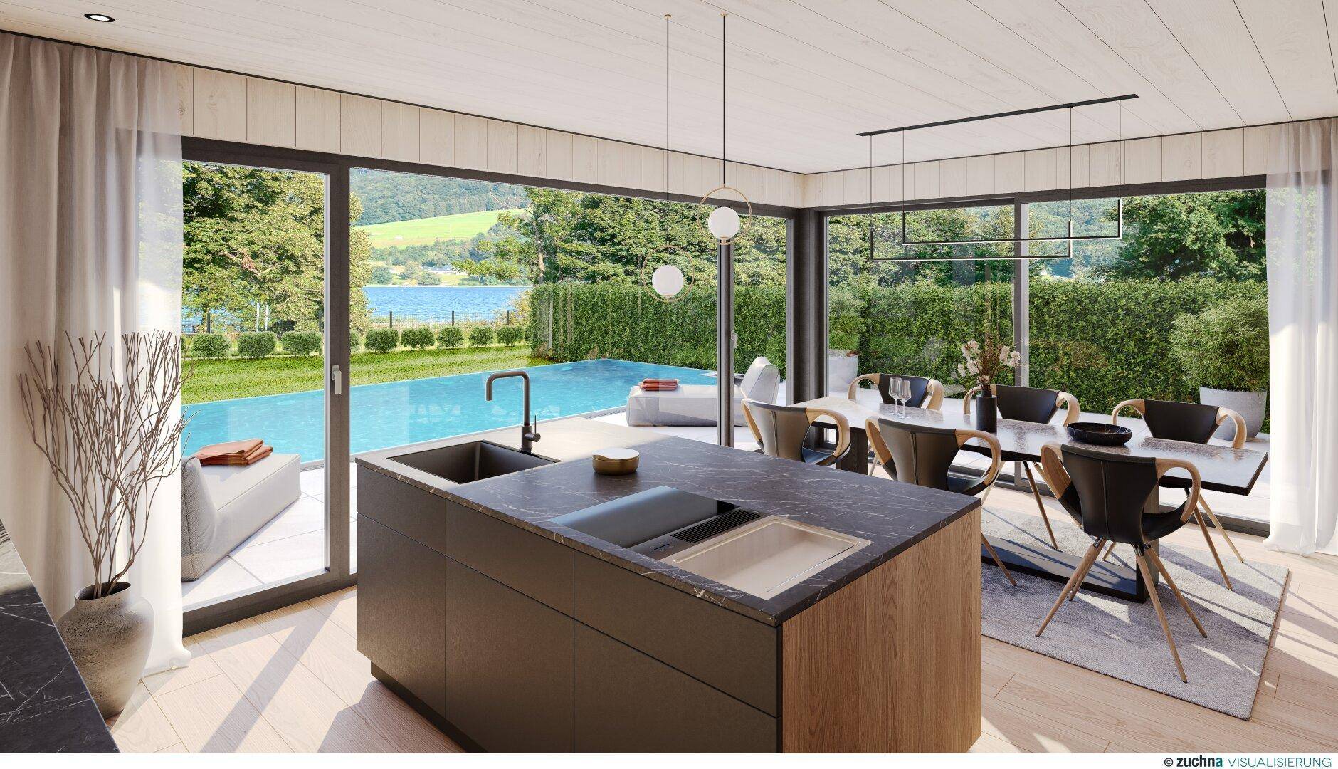 Moderne offene Küche mit Kochinsel und Essbereich, direktem Zugang zum Pool und Seeblick.