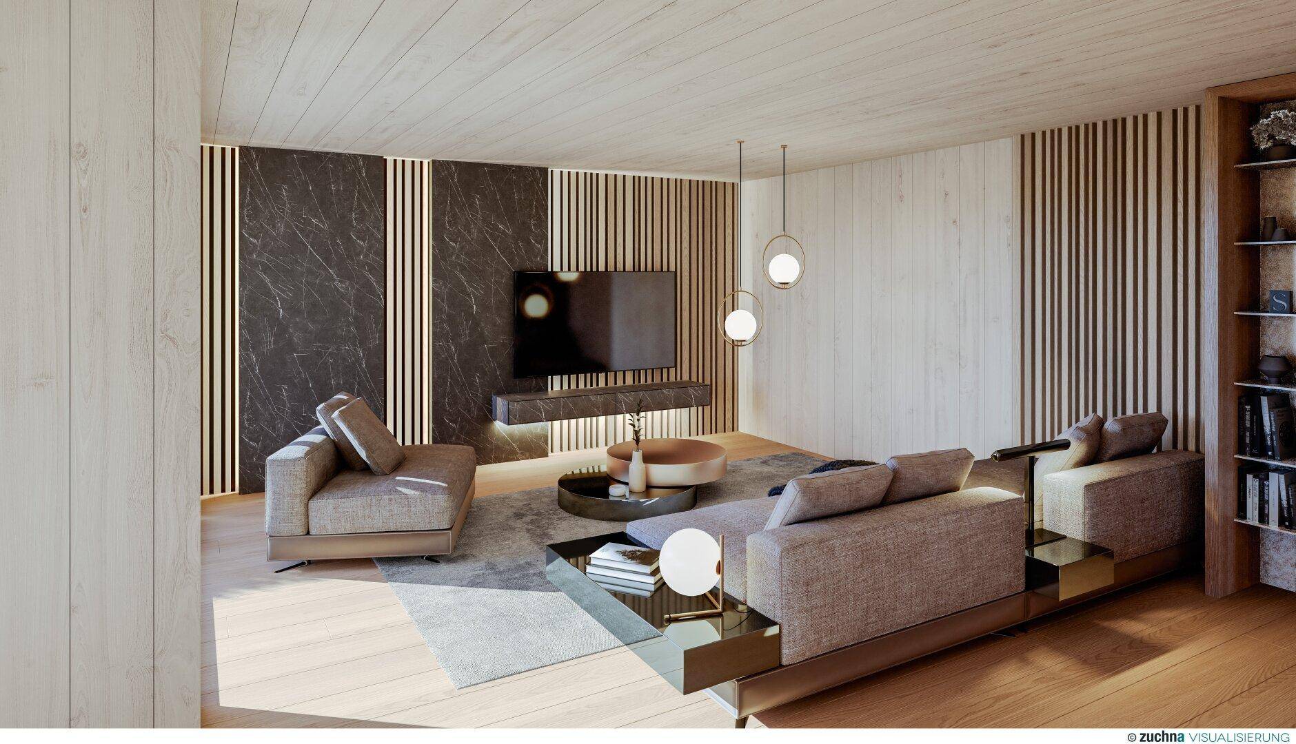Stilvolles Wohnzimmer mit modernen Möbeln, Holzwänden und indirekter Beleuchtung.