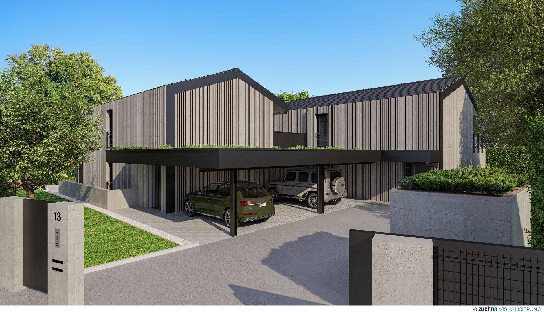 Moderne Architektur mit Holzfassade und integriertem Carport für zwei Fahrzeuge.