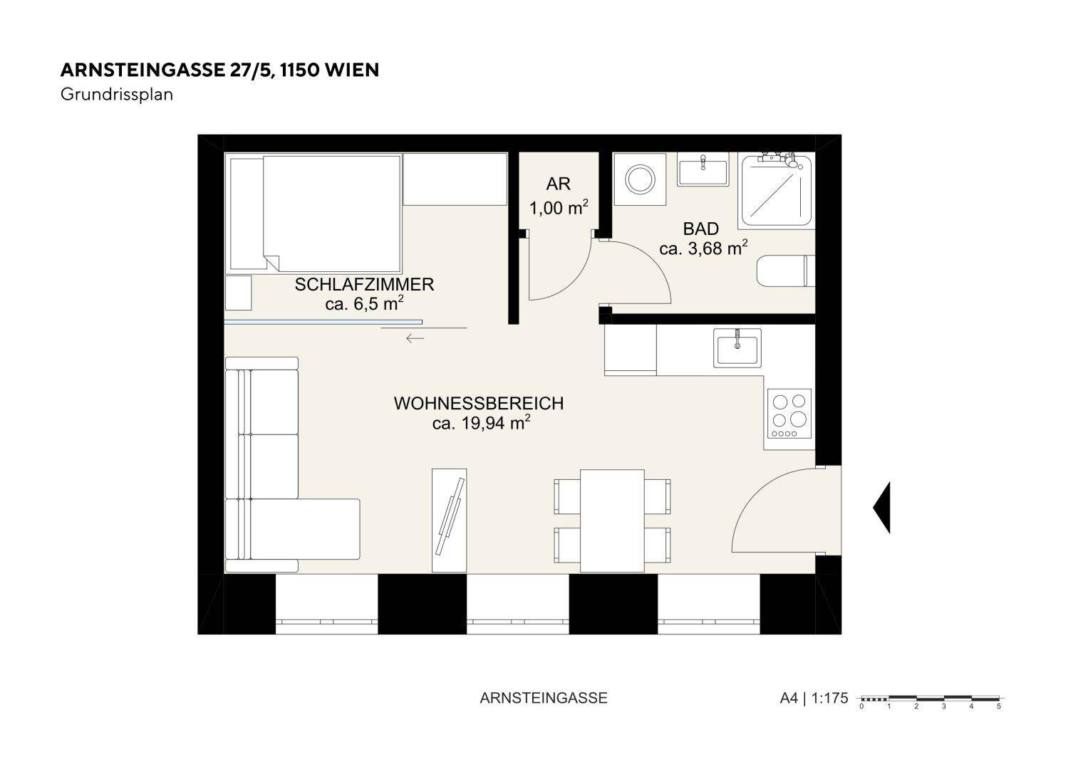 Grundrissplan einer Wohnung mit Schlafzimmer, offenem Wohnbereich, Bad und Abstellraum.