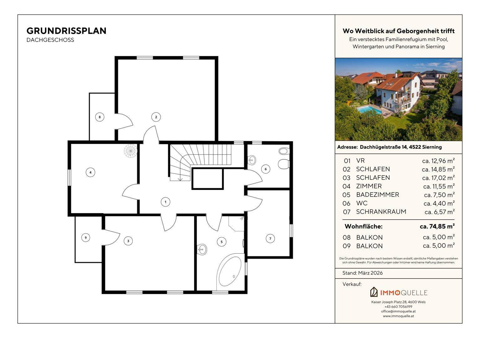 Grundriss des Dachgeschosses mit Schlafzimmern, Bad und Balkon.