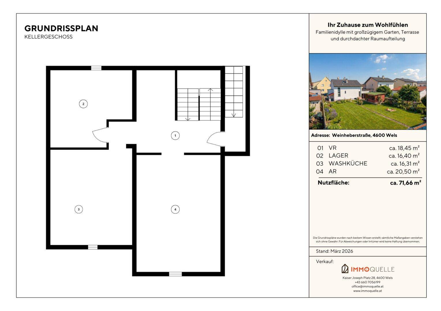 Grundriss des Kellergeschosses mit verschiedenen Nutzflächen und Treppenaufgang.