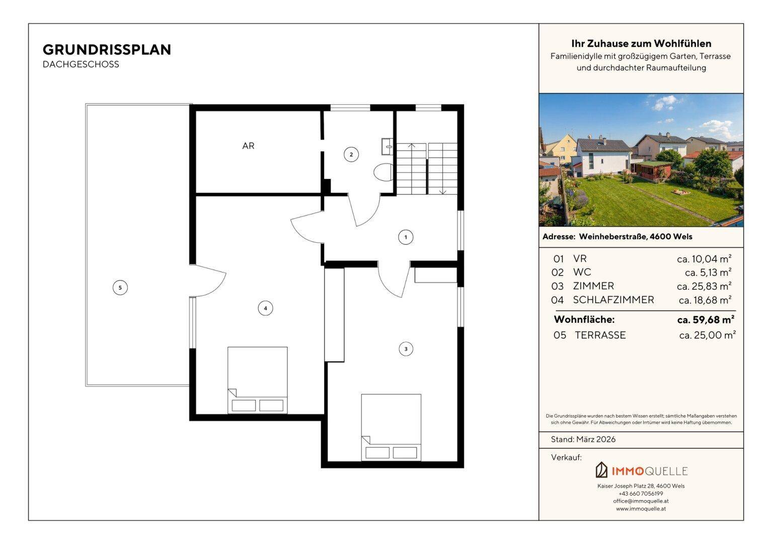 Grundriss des Dachgeschosses mit Schlafzimmern, WC und Zugang zur Terrasse.