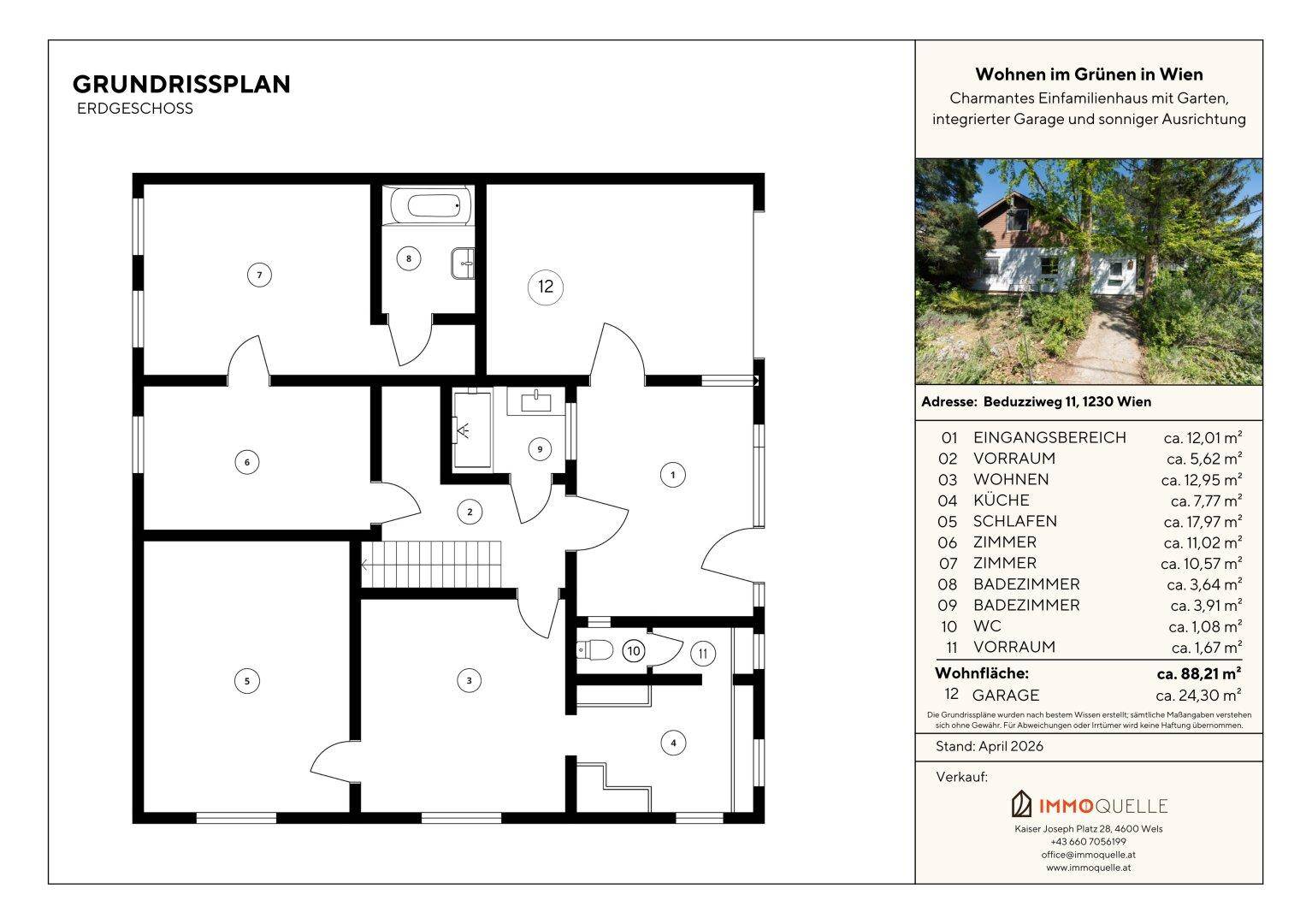 Grundriss des Erdgeschosses mit Wohnbereich, Küche, Schlafzimmern und Garage.