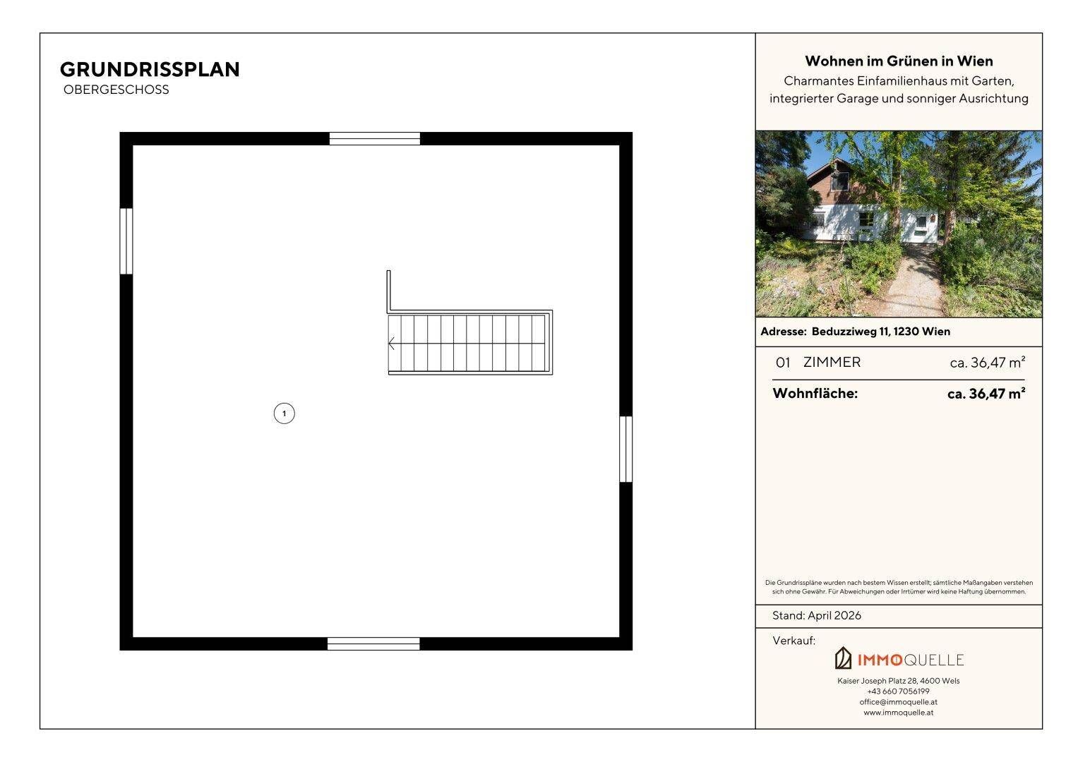 Grundrissplan des Obergeschosses mit Treppenaufgang und einer klaren Raumaufteilung.