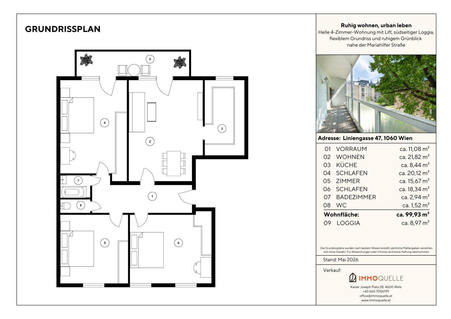 Grundrissplan einer 4-Zimmer-Wohnung mit Loggia, zeigt flexible Raumaufteilung und Flächenangaben.