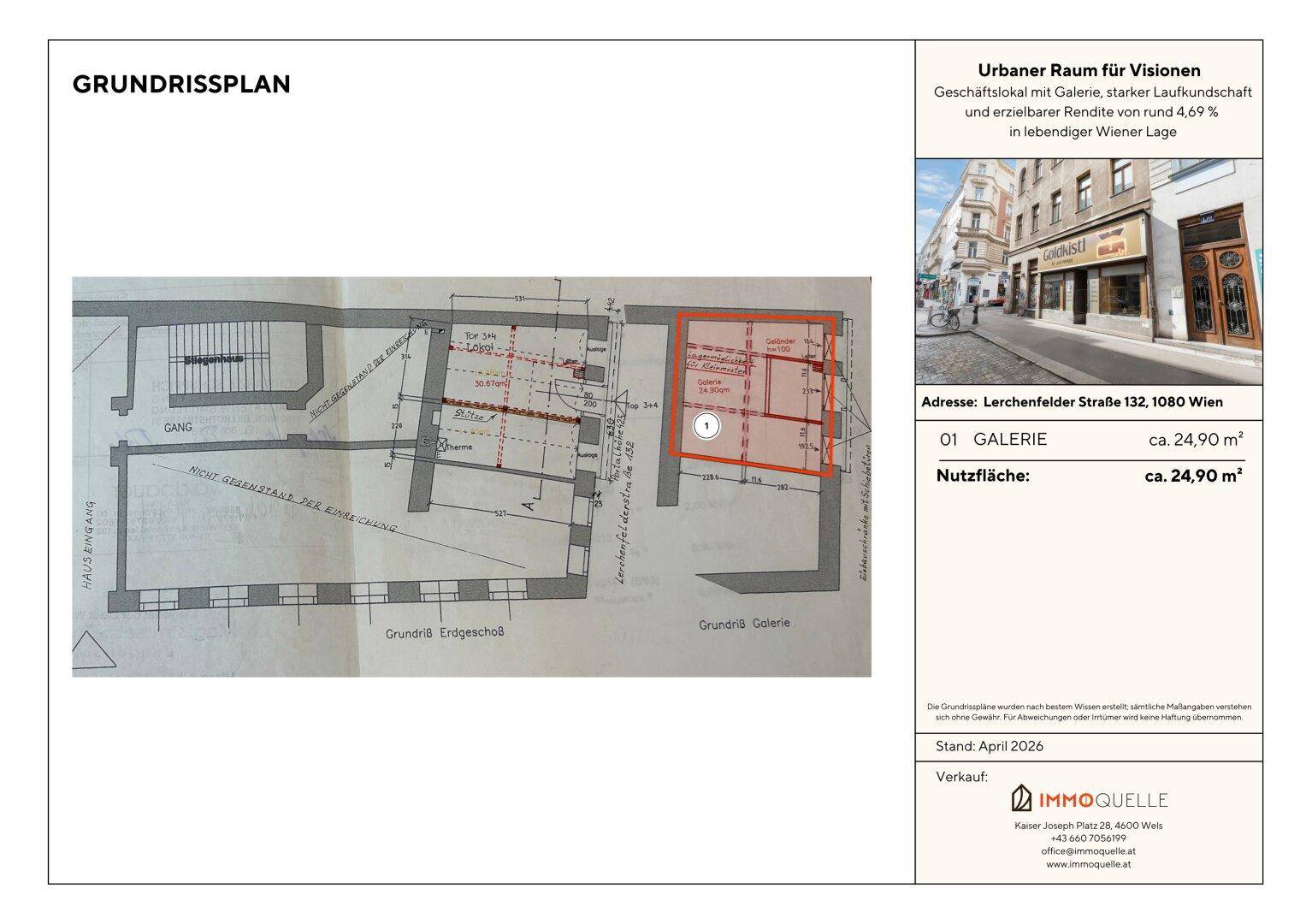 Detaillierter Grundrissplan des Erdgeschosses und der Galerie eines Geschäftslokals mit roten Hervorhebungen.