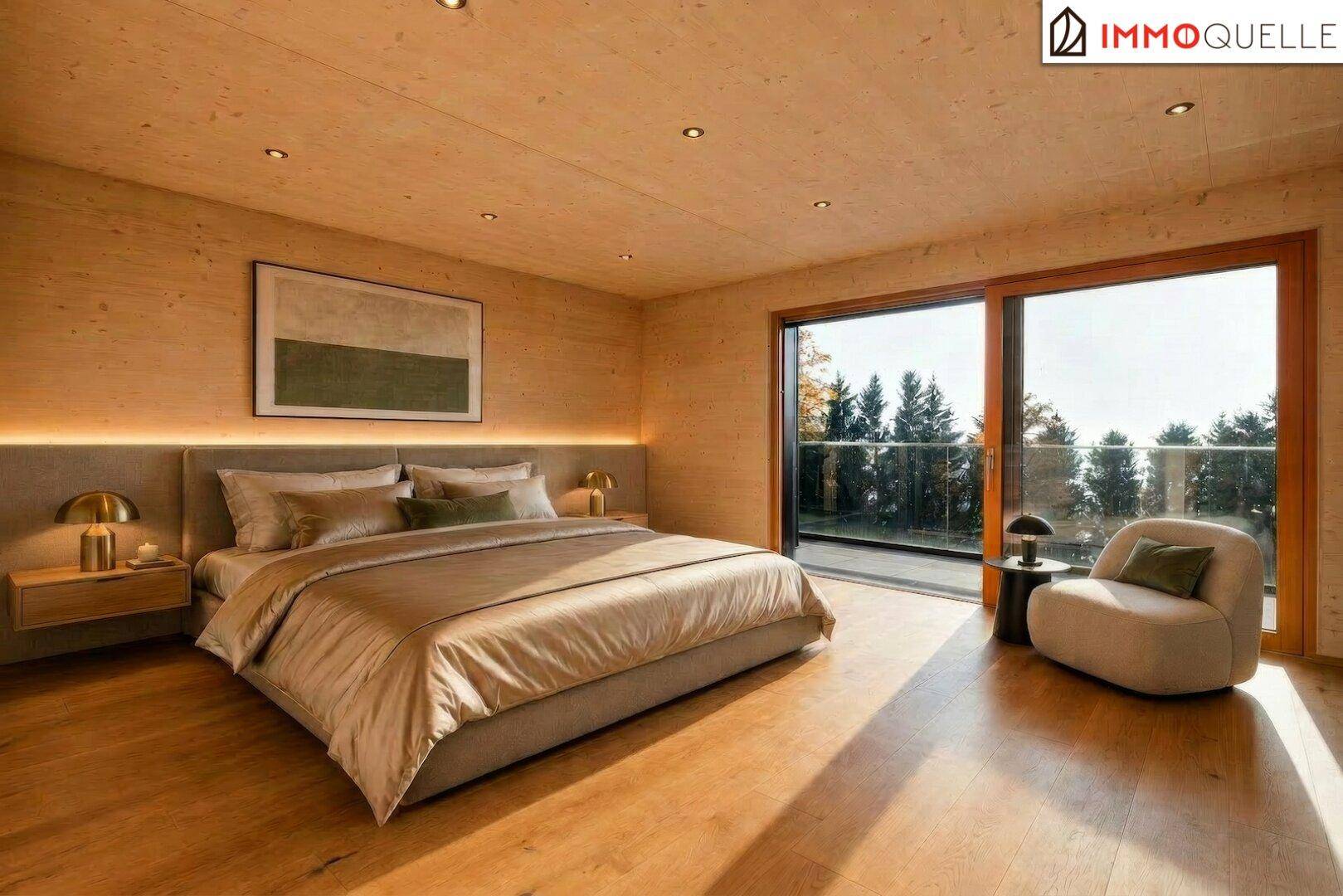 Modernes Schlafzimmer mit Holzwänden, großen Fenstern und Zugang zum Balkon mit Waldblick.