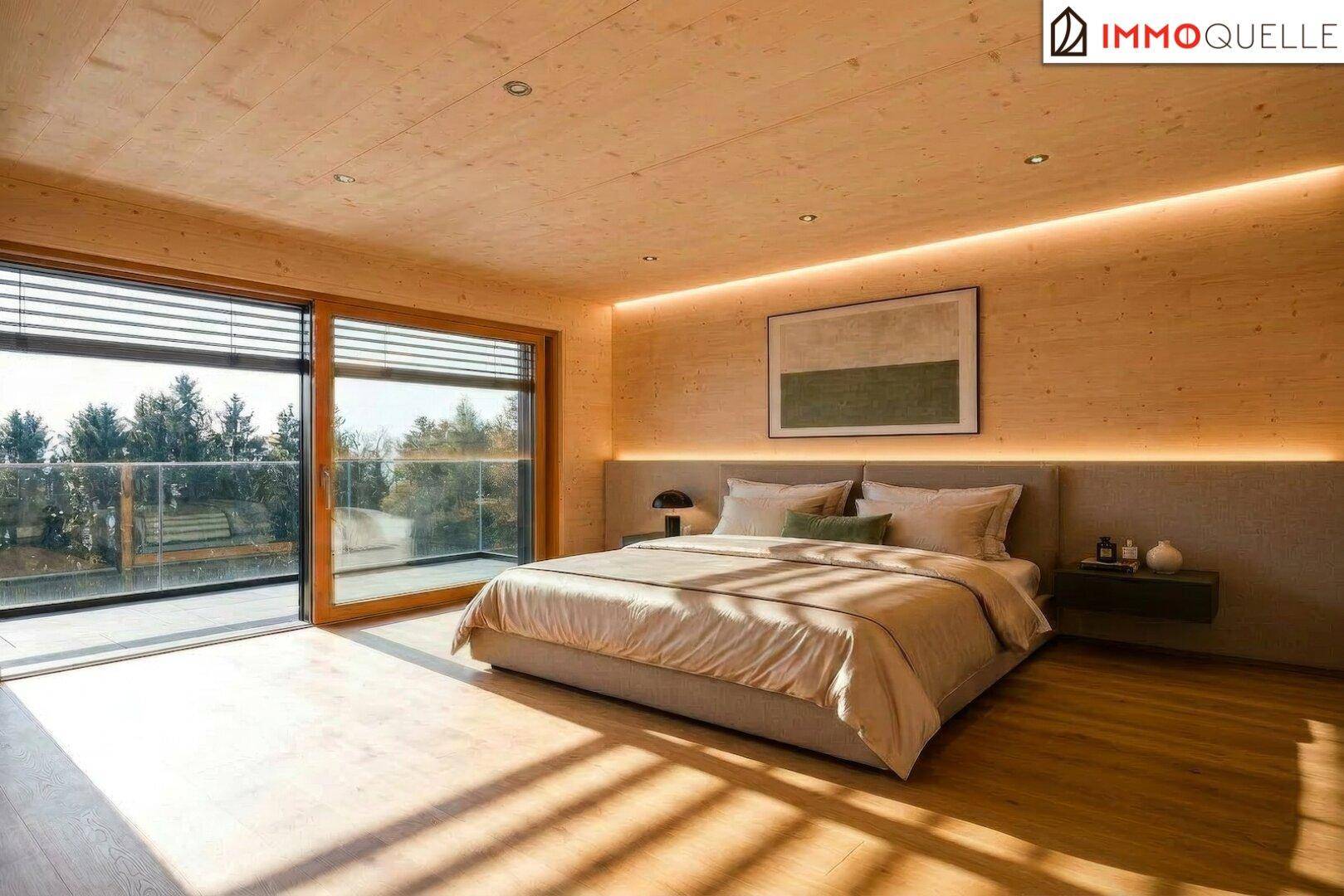Helles Schlafzimmer mit Holzelementen, großem Schiebefenster und viel natürlichem Lichteinfall.