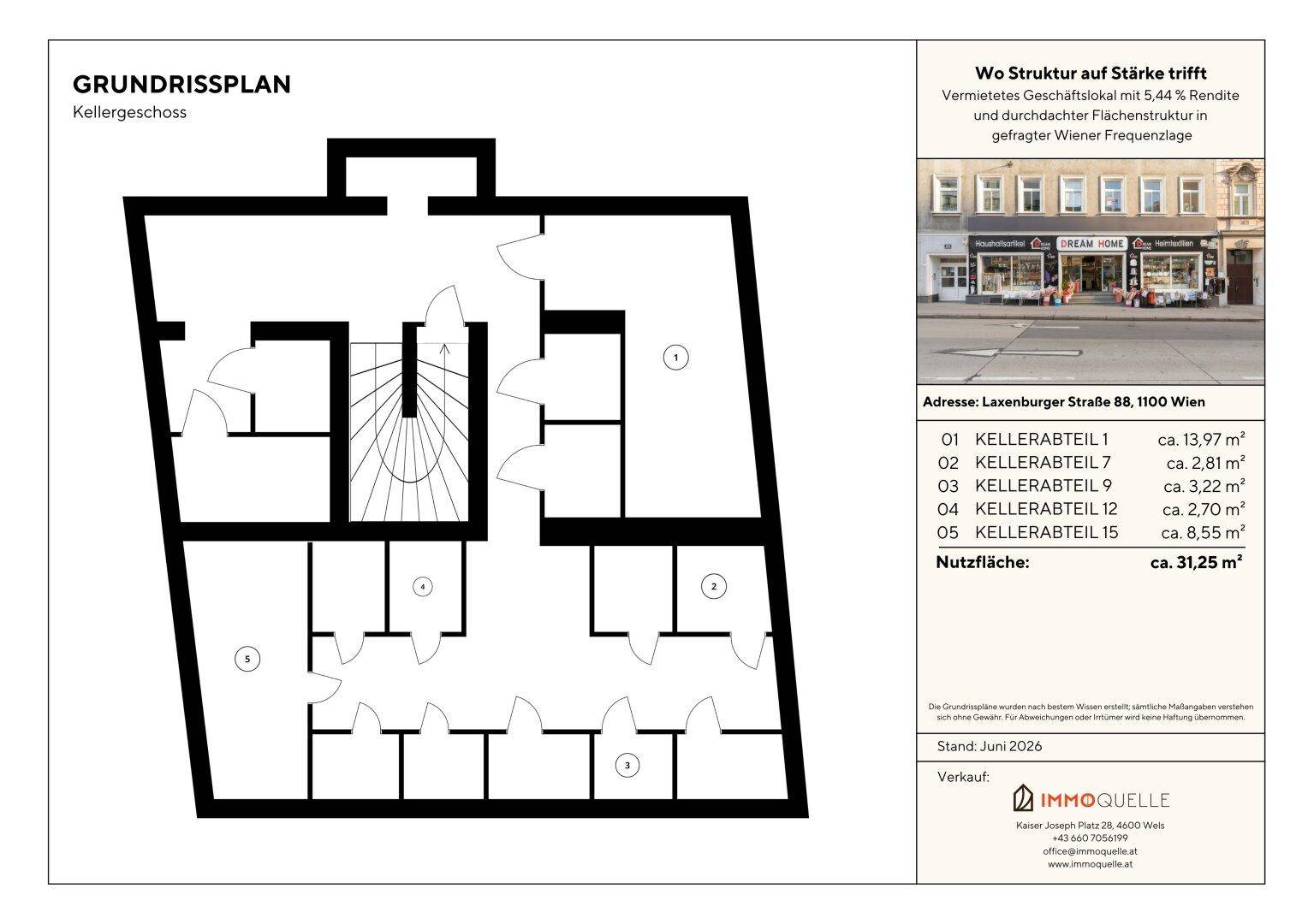 Grundrissplan des Kellergeschosses mit mehreren Kellerabteilen und Zugang zum Aufzug und Treppenhaus.