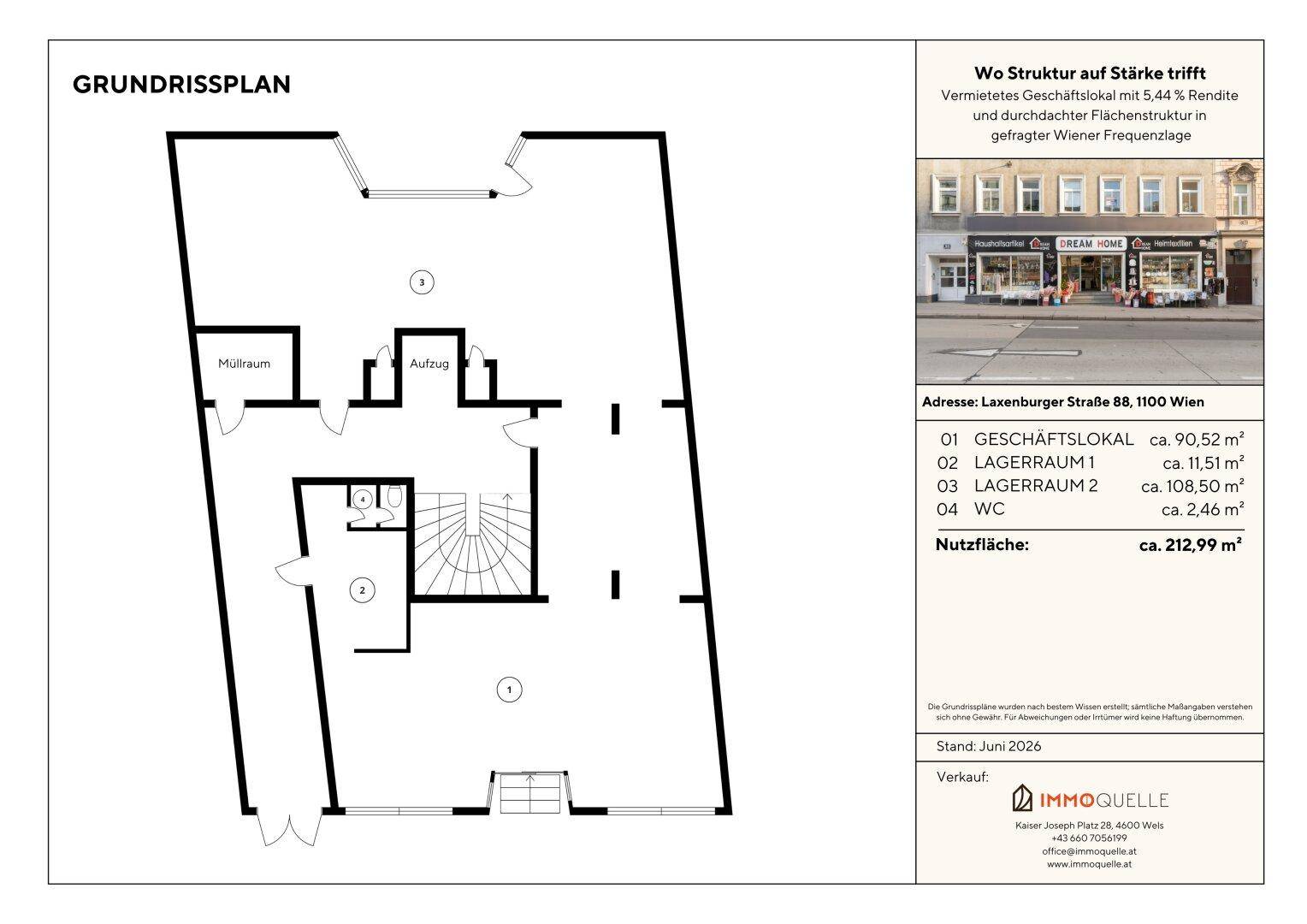 Grundrissplan des Erdgeschosses mit Geschäftslokal, Lagerräumen, WC und Aufzug in einem Wiener Gebäude.