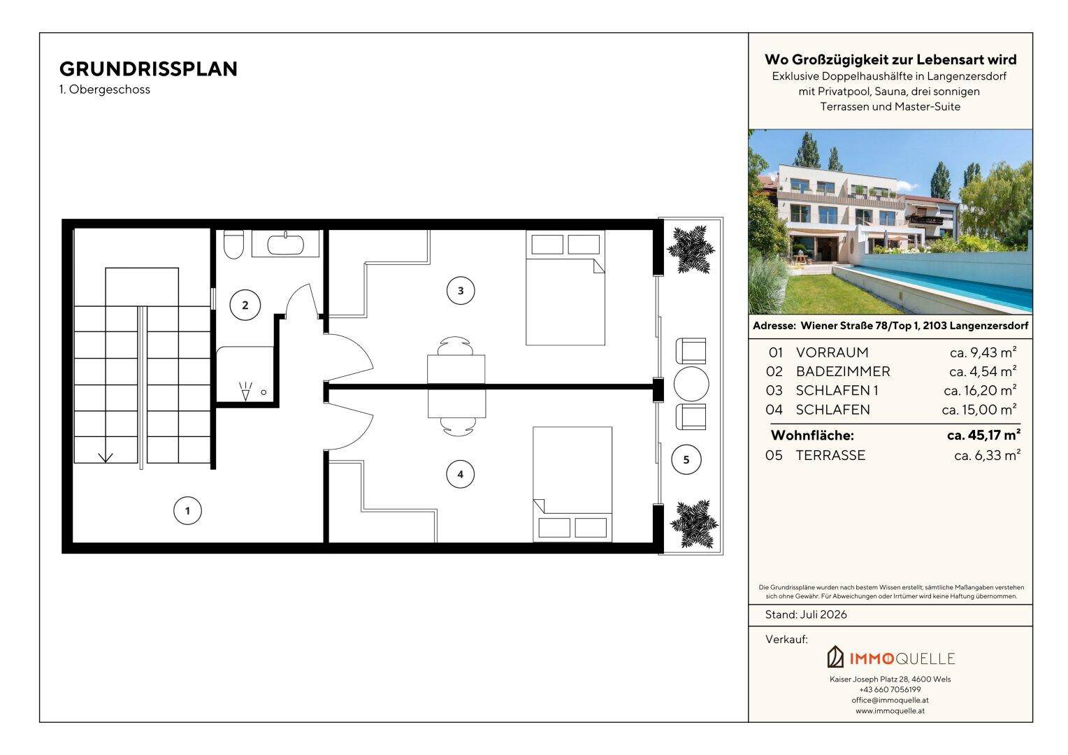 Grundriss des ersten Obergeschosses mit zwei Schlafzimmern, Bad und Terrasse.