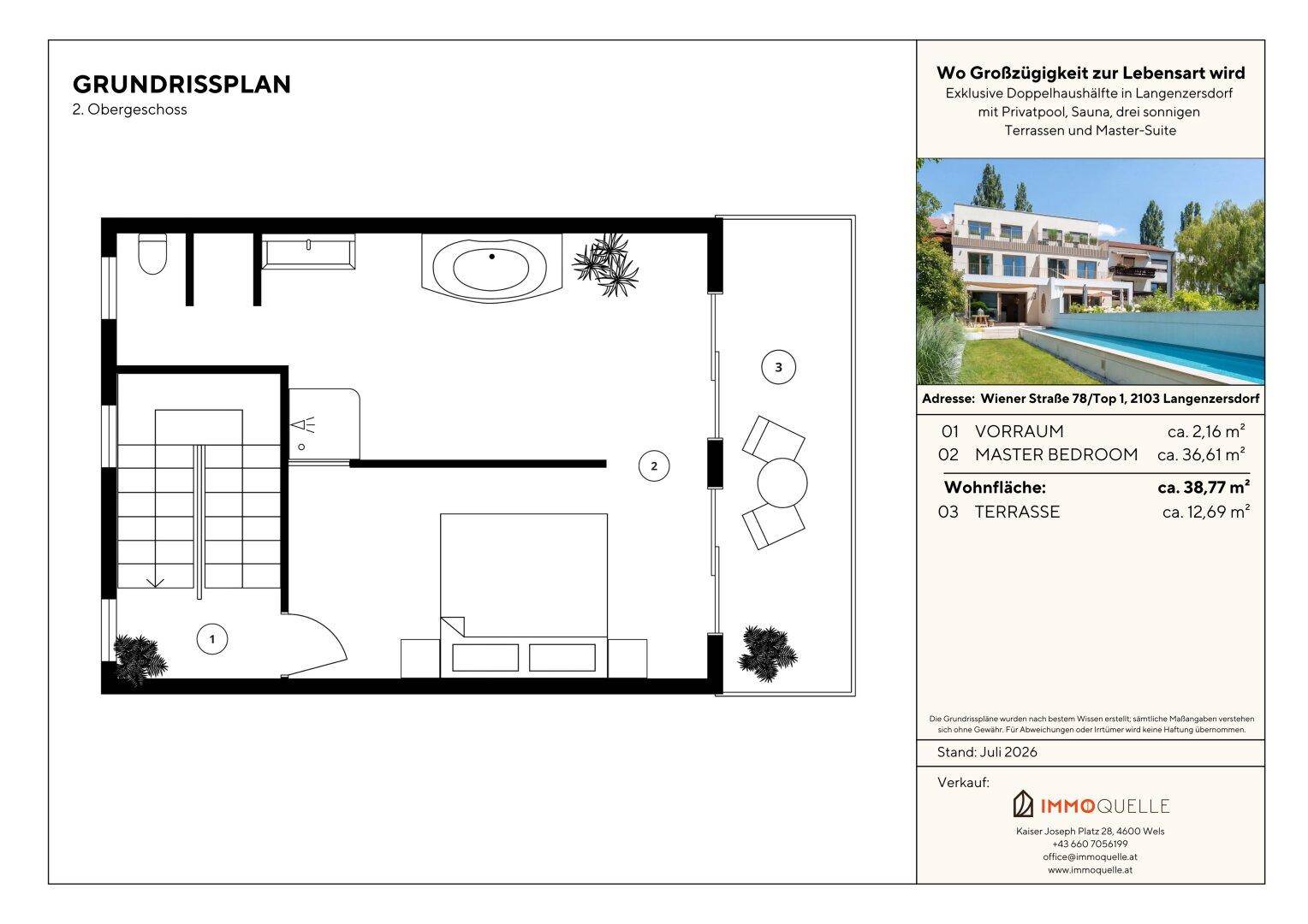 Grundriss des zweiten Obergeschosses mit Hauptschlafzimmer, Bad und großer Terrasse.