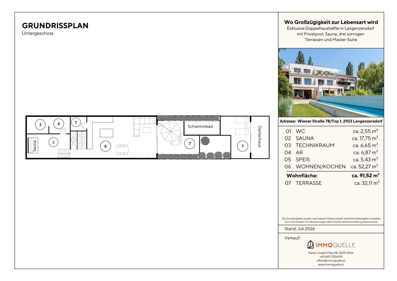 Grundriss des Untergeschosses mit Sauna, Schwimmbad, Technikraum und Terrasse.