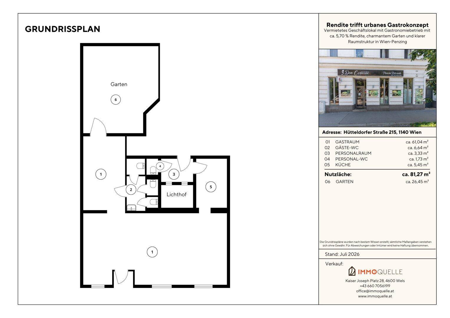 Grundrissplan eines Gewerbeobjekts mit Gastraum, Personalraum, Küche und Gartenbereich.