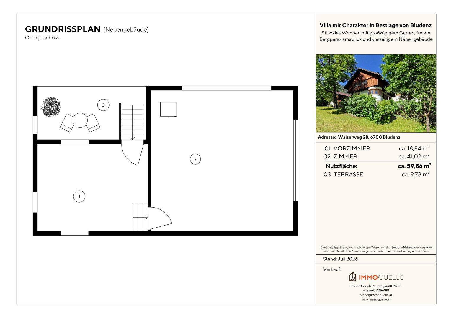 Grundrissplan des Obergeschosses eines Nebengebäudes mit Zimmern und einer Terrasse.